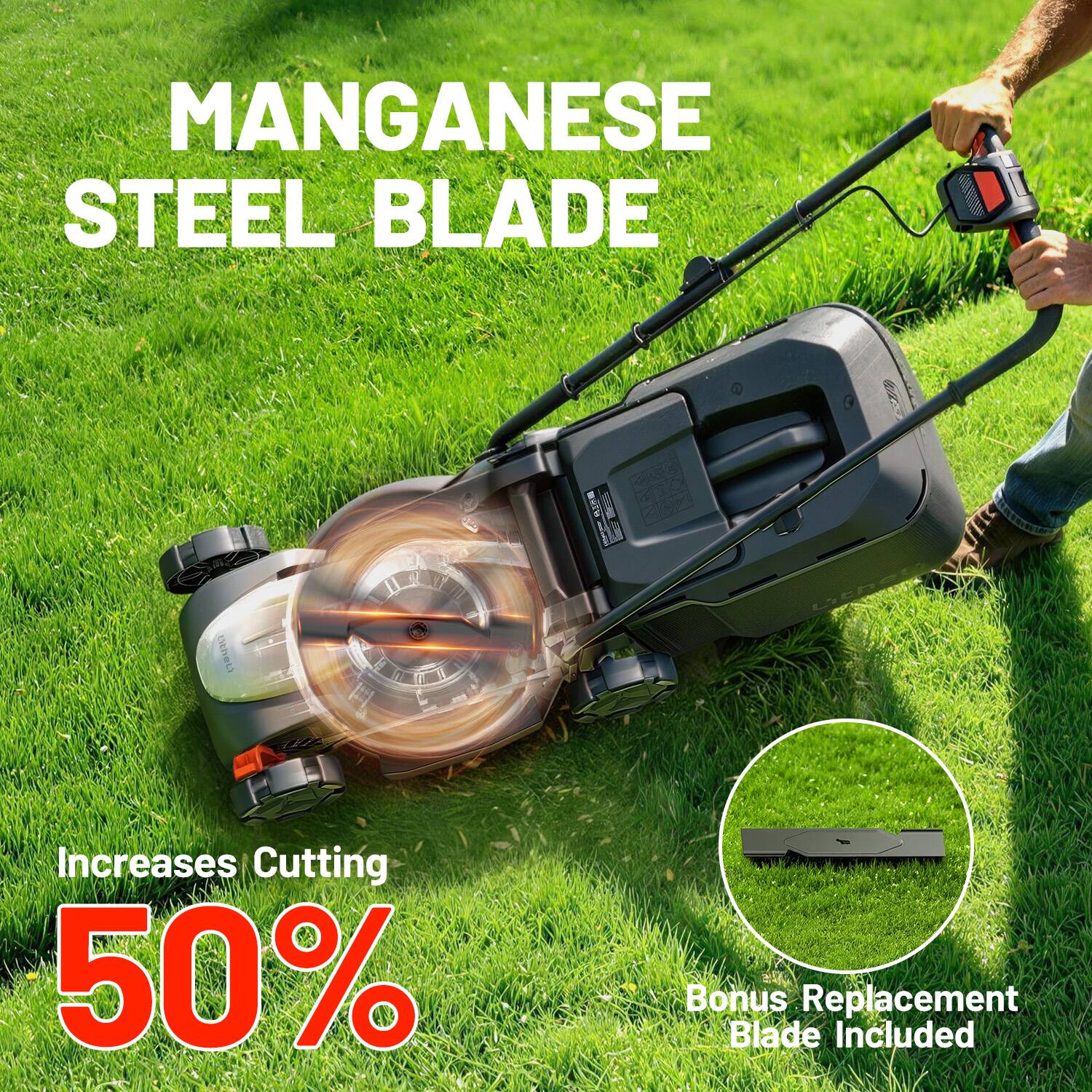 MANGANESE STEEL BLADE

Increases Cutting 50%

Bonus Replacement Blade Included