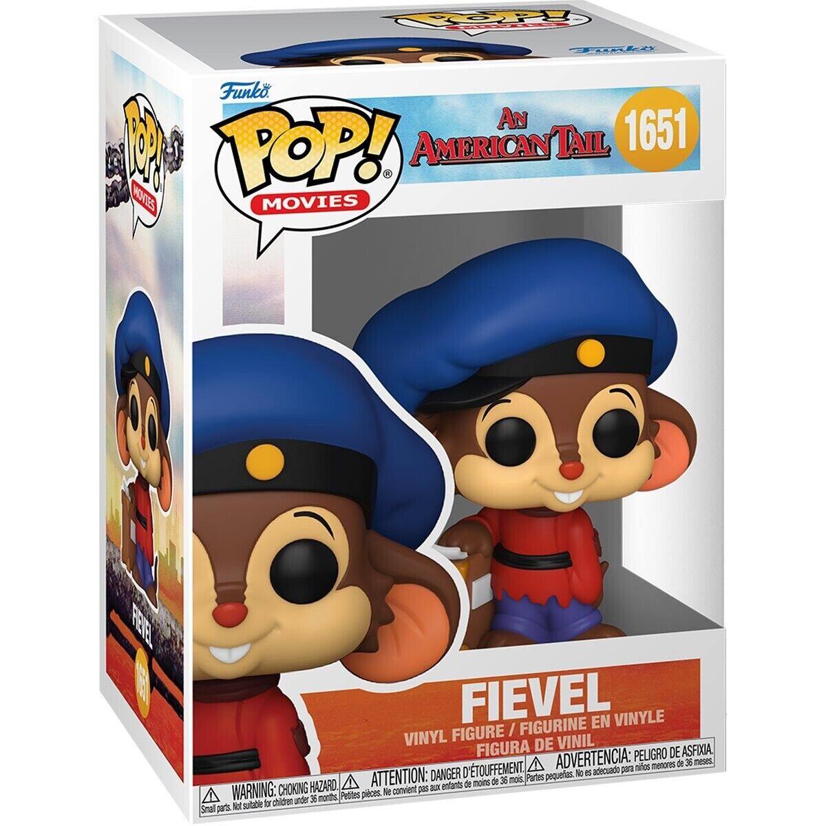 Sure, here is the corrected and grouped text from the image:

---

**Funko POP! Movies**

**An American Tail**

**1651**

**FIEVEL**

**VINYL FIGURE / FIGURINE EN VINYLE / FIGURA DE VINIL**

**WARNING: CHOKING HAZARD**  
Small parts. Not suitable for children under 36 months.  
**ADVERTENCIA: PELEIGRO DE ASFIXIA**  
Pequeñas piezas. No conviene para niños menores de 36 meses.  
**ATTENTION: DANGER D'ÉTOUFFEMENT**  
Petits éléments. Ne convient pas aux enfants de moins de 36 mois.

---

This text is organized to reflect the information on the packaging.