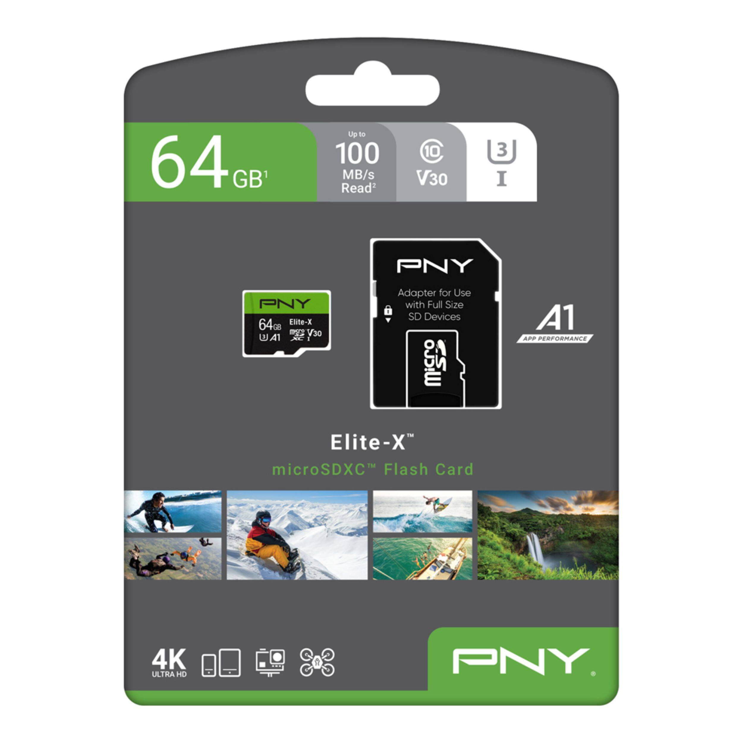 64 GB' Up to 100 MB/s Read2 10 V30 3 I PNY PNY 64G Elite-X - 30 WA1 U S - Adapter for Use with Full Size SD Devices o! A1 APP PERFORMANCS Elite-X microSDXC Flash Card 4K ULTRA HD 1 PNY