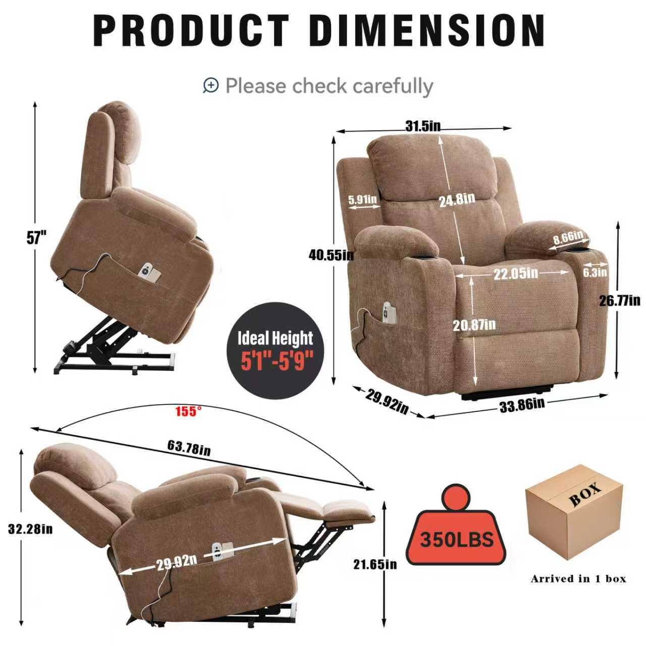 PRODUCT DIMENSION  
Please check carefully  

- 31.5in  
- 5.91in  
- 24.8in  
- 57"  
- 40.55in  
- 8.66in  
- 22.05in  
- 6.3in  
- 32.28in  

Ideal Height: 5'1"-5'9"  

- 63.78in  
- 29.92in  
- 26.77in  
- 20.87in  
- 29.92in  
- 33.86in  

BOX: 350LBS  

- 21.65in  

Arrived in 1 box