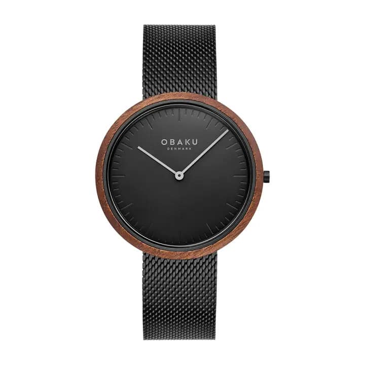 Obaku - Trae Men’s Watch – Slim 40mm Black Dial with Sapele - Black Stainless Steel