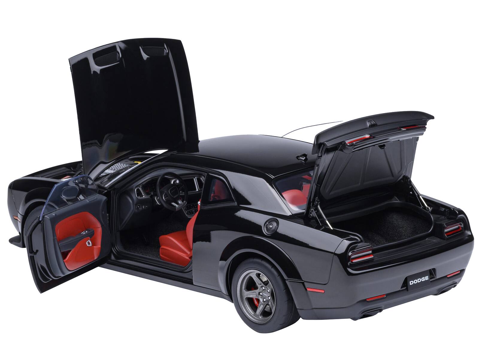 Alt View 1. Autoart - 2023 Dodge Challenger SRT Super Stock Pitch Black with Red Interior 1/18 Model Car by Autoart.