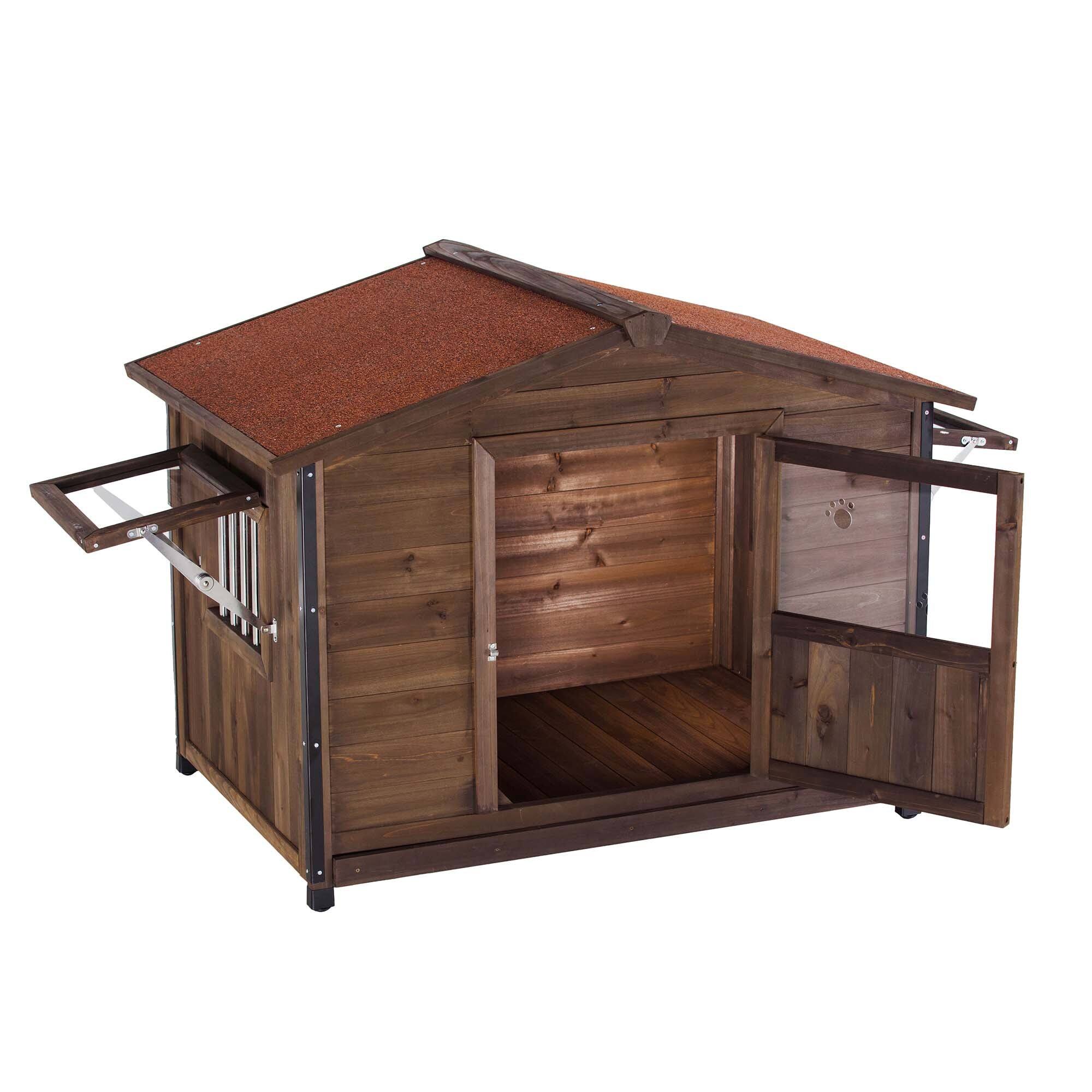 Alt View 4. Boyel Living - Natural Wood Large Wooden Dog Kennel Unique AllAround Iron FrameOutdoor Cabin House Style - Brown.