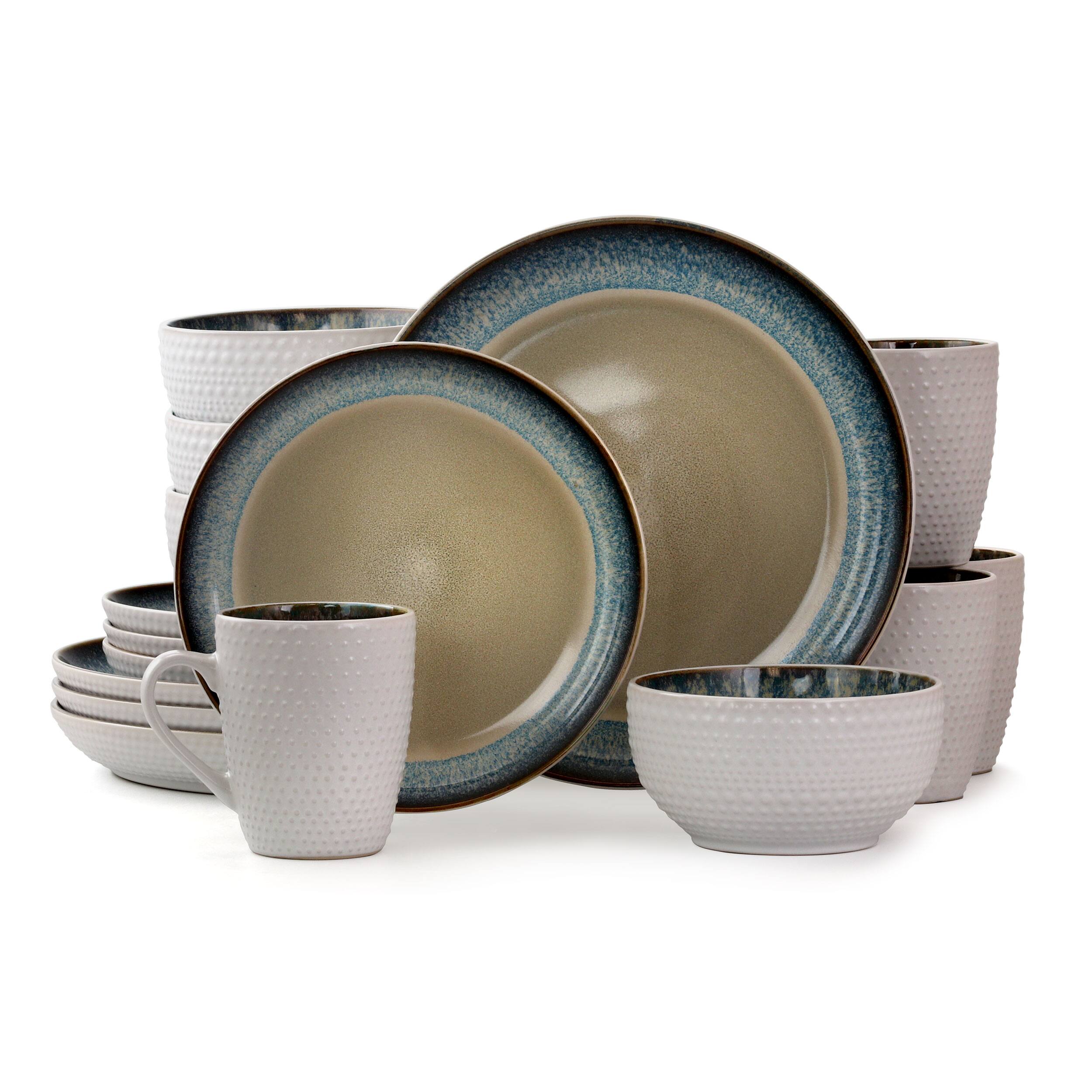 Front. Elama - Elama Modern Dot 16 Piece Luxurious Stoneware Dinnerware with Complete Setting for 4 - Taupe, Blue, and Brown.