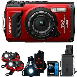 Bundle - OM System - Tough TG-7 4K Underwater Camera Red with Safety + 64GB Card