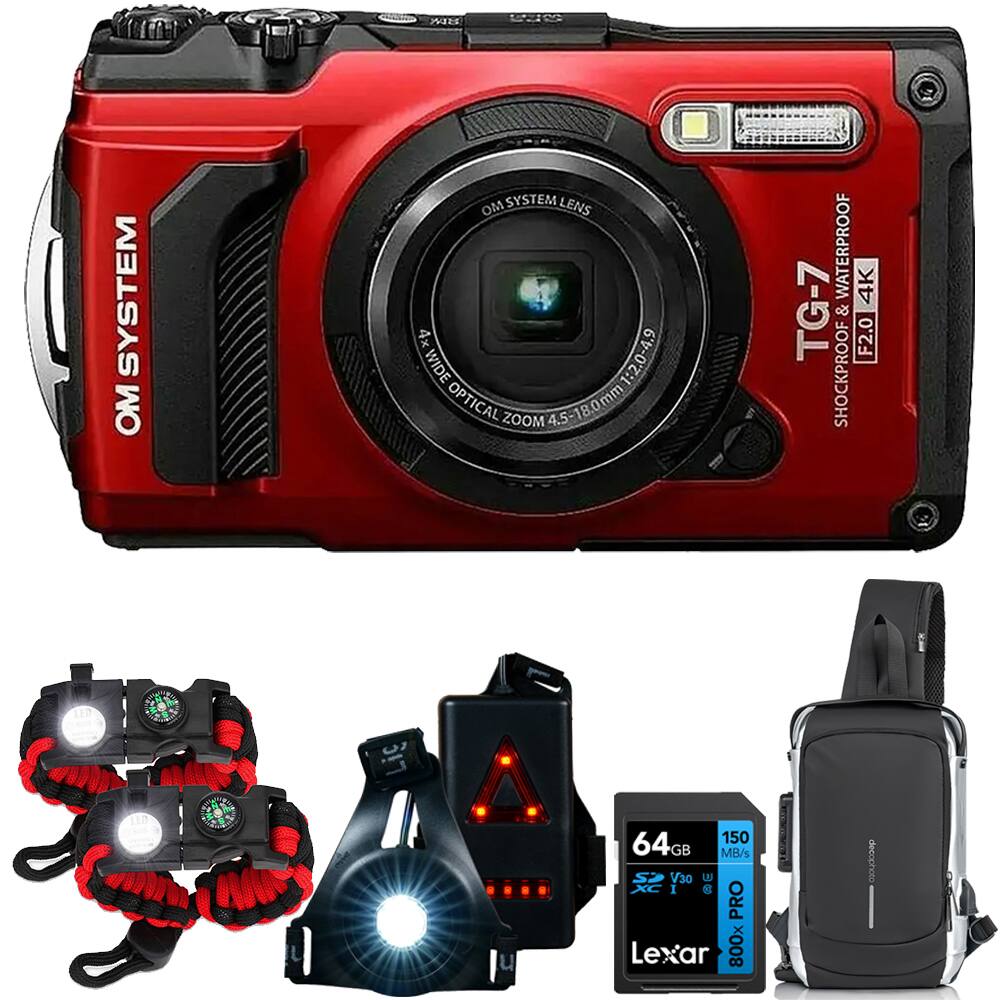 Bundle - OM System - Tough TG-7 4K Underwater Camera Red with Safety + 64GB Card