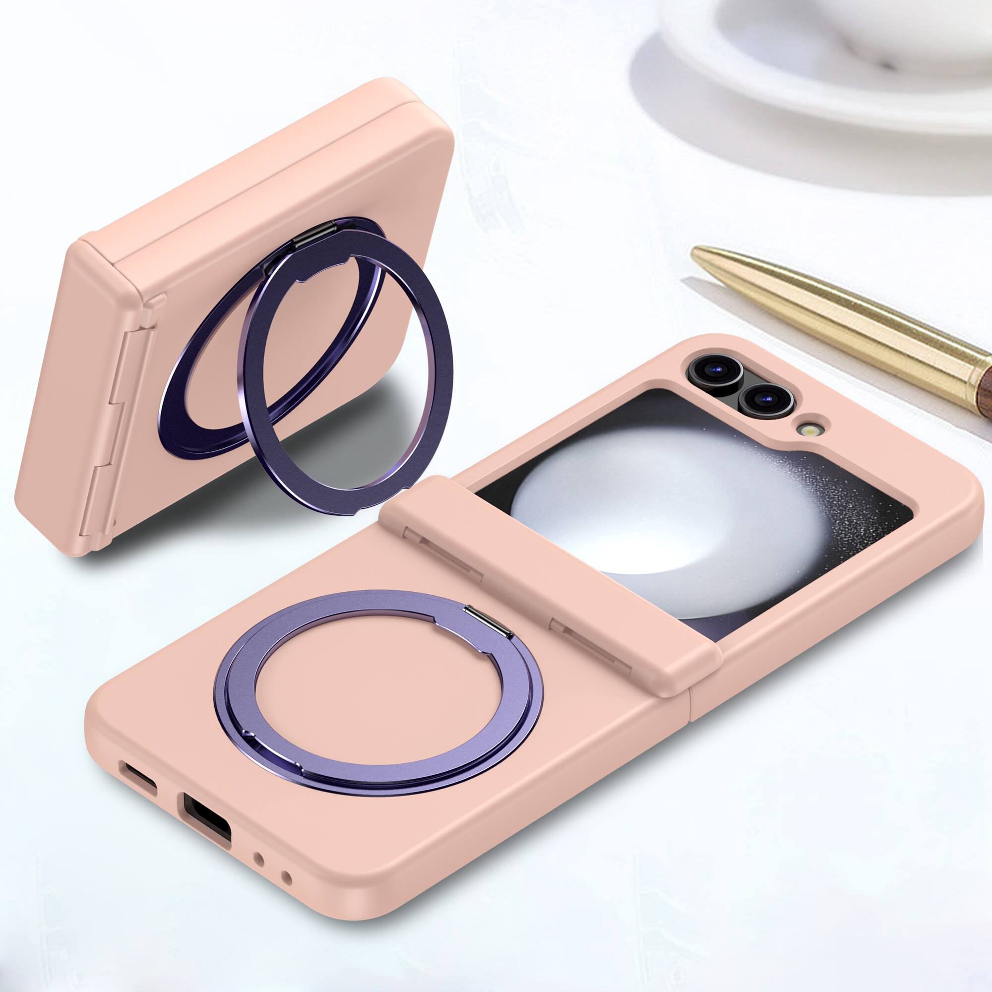 Alt View 3. Dteck - Magnetic Case for Samsung Galaxy Z Flip 6 with Screen Protector , 360° Rotating Kickstand Shockproof Hinge Cover - Pink.