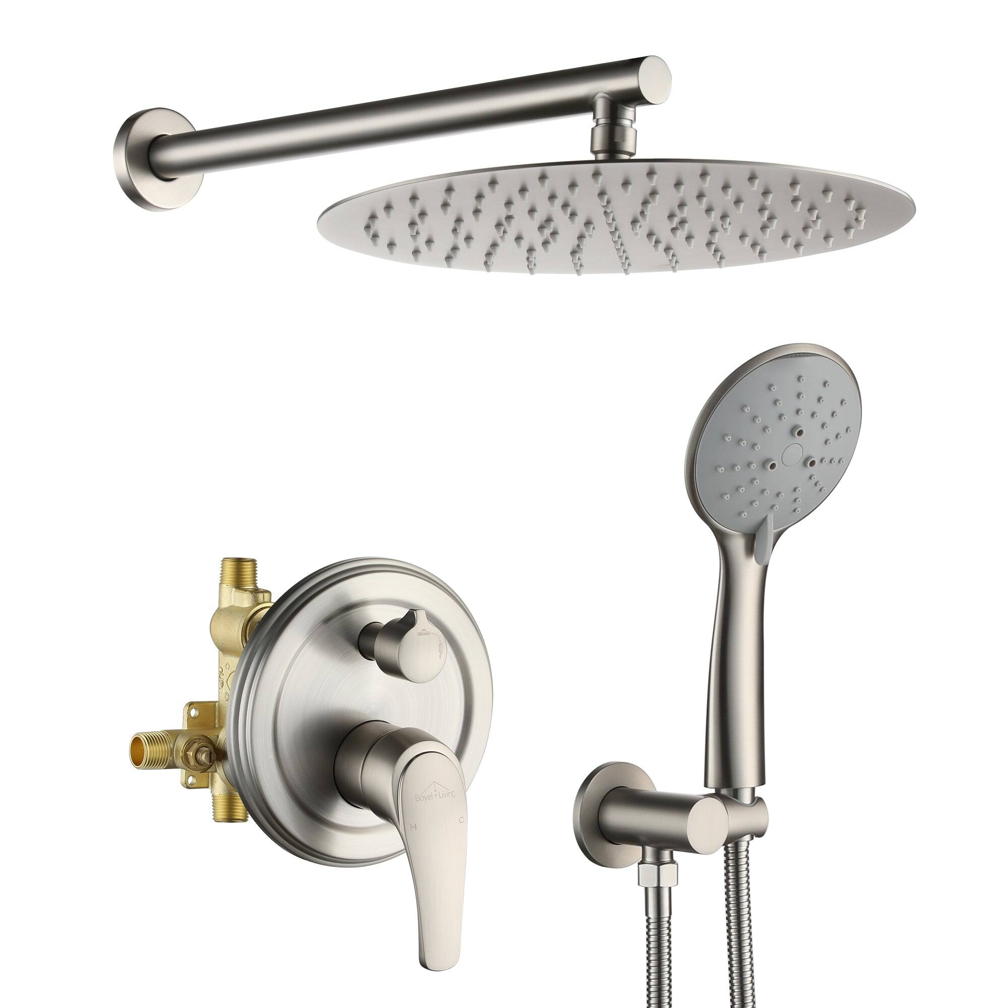 Front. Boyel Living - 5-Spray Patterns with 2.35 GPM 12 in. Wall Mount Dual Shower Heads with Valve Included in Brushed Nickel - Brushed Nickel.
