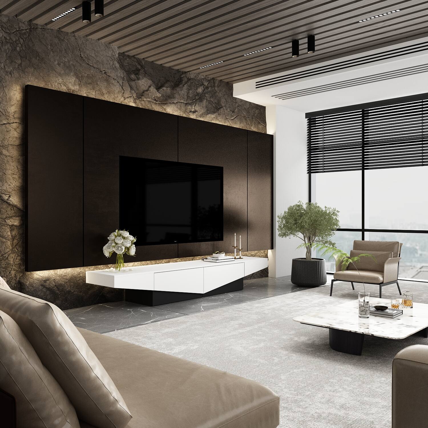 Alt View 4. Famapy - Modern Geometric TV Stand 75", Black & White Low Profile Media Console with Sliding Drawers for Living Room - White.