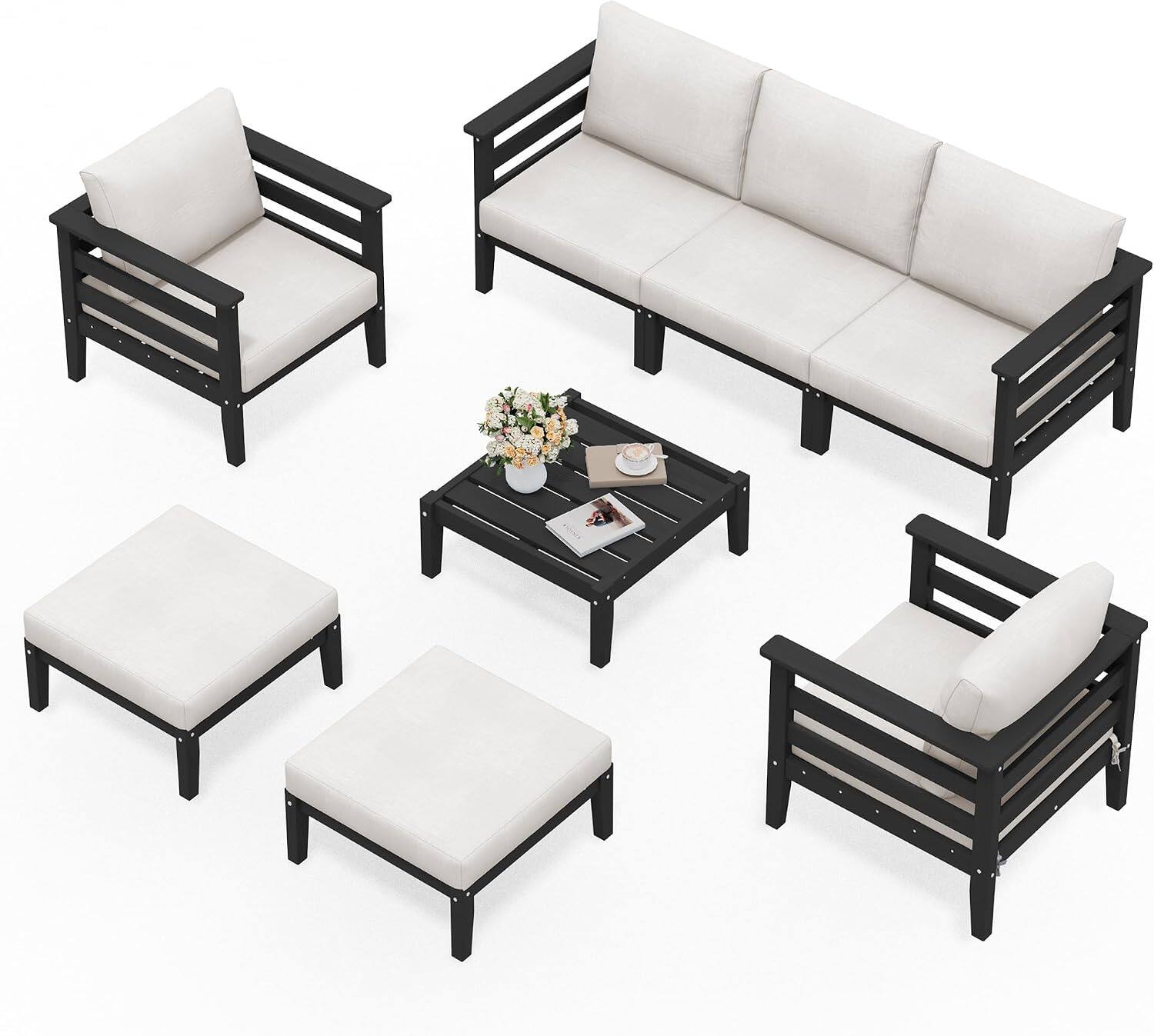 Front. SERWALL - SERWALL HDPE Outdoor Furniture Set, 8 Pieces Patio Sectional Sofa Set, Modular Design for Flexible Combination - Black/Khaki.