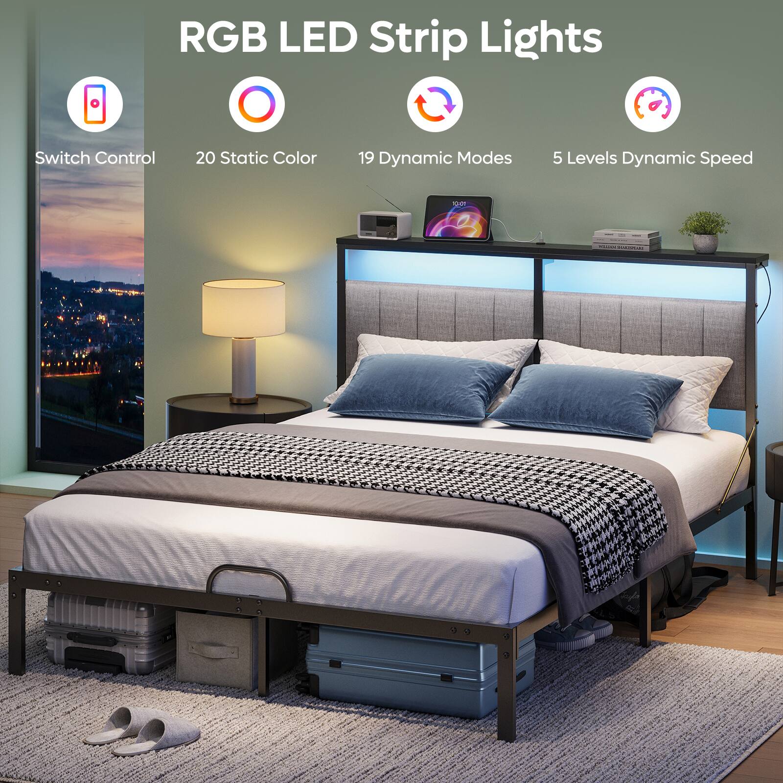 RGB LED Strip Lights

- Switch Control
- 20 Static Color
- 19 Dynamic Modes
- 5 Levels Dynamic Speed