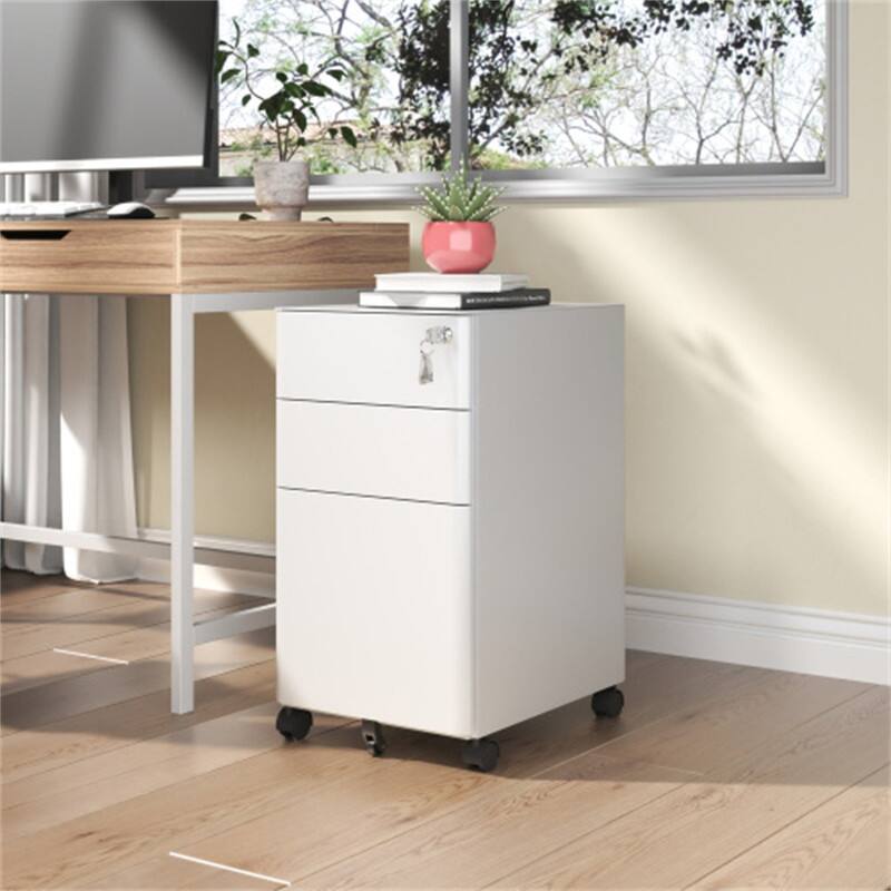 Angle. HTUTWOO - Mobile File Cabinet with Lock -3-Drawer All-Steel Storage on Wheels,Two Shallow and One Drawer,Anti-Tip,110 lbs Capacity - White.