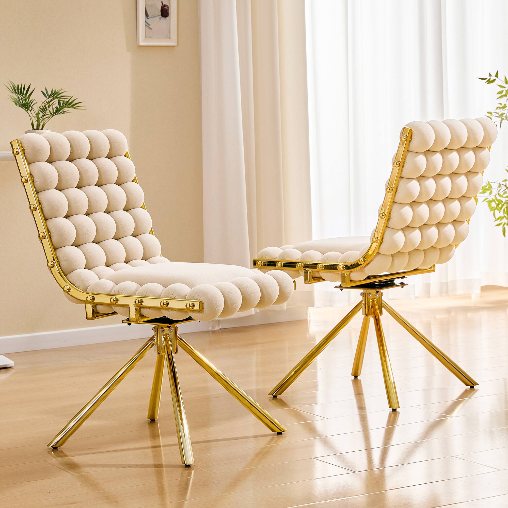Left. Loheer - Loheer Swivel Accent Chair Cream Velvet Bubble Tufted Armless Dining Chair with Gold Metal Frame, 1.63 ft - Beige,Gold.