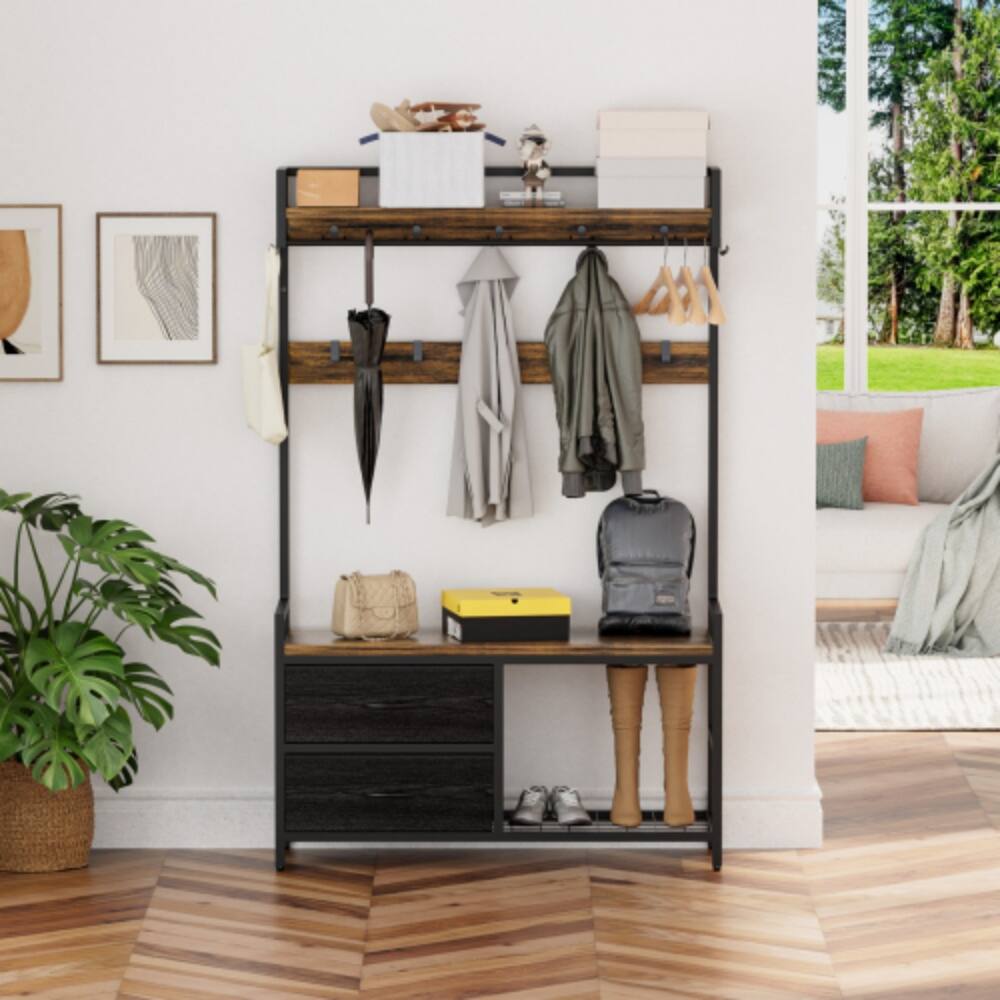 Front. LUCKY ONE - 33.1" W 5-in-1 Hall Tree w/ 23 Hooks Shoe Storage Bench 2 Drawers Garment Rack - Rustic Brown.