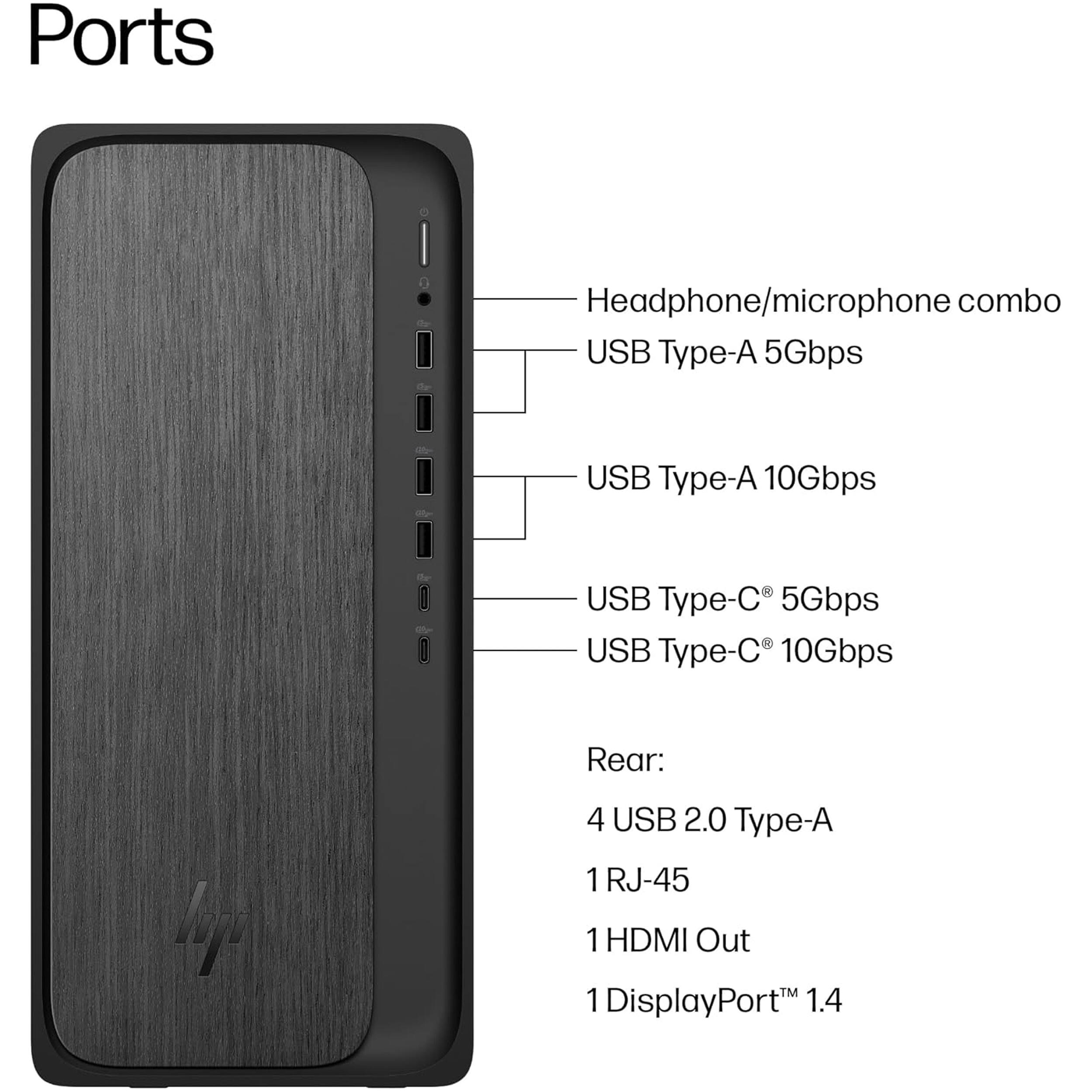 Ports

- Headphone/microphone combo
- USB Type-A 5Gbps
- USB Type-A 10Gbps
- USB Type-C 5Gbps
- USB Type-C 10Gbps

Rear:
- 4 USB 2.0 Type-A
- 1 RJ-45
- 1 HDMI Out
- 1 DisplayPort™ 1.4