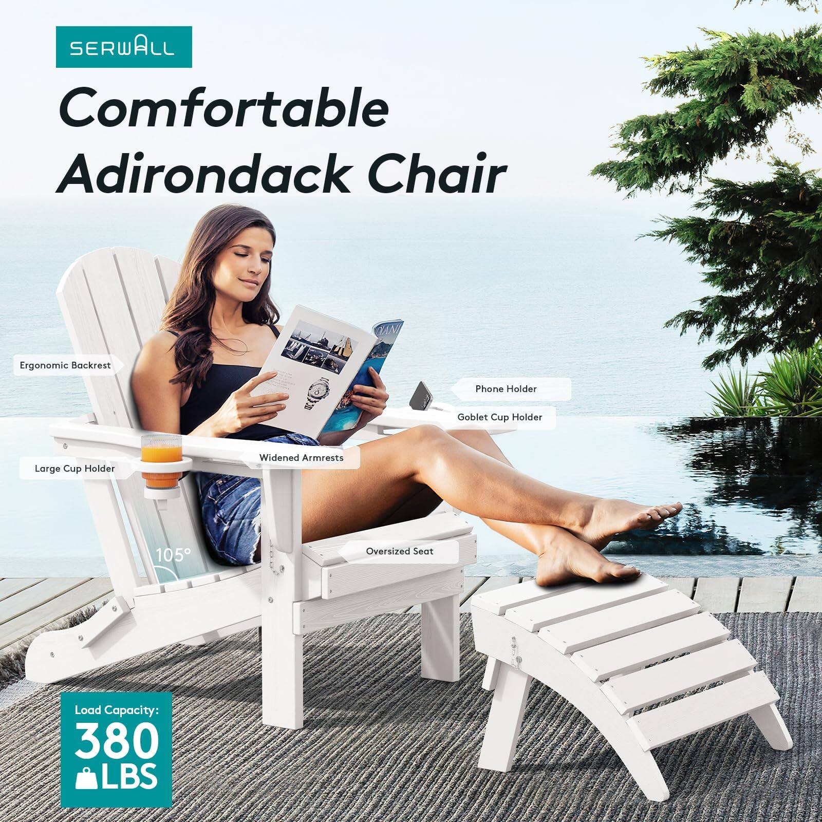 SERWALL Comfortable Adirondack Chair Ergonomic Backrest Phone Holder Goblet Cup Holder - Large Cup Holder Widened Armrests 105 Oversized Seat Load Capacity: 380 LBS