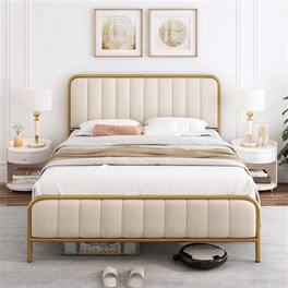 Hivvago - Queen size Metal Platform Bed Frame with Upholstered Headboard - Beige