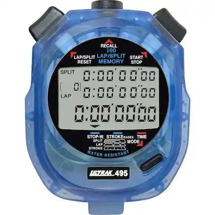 RECALL 100 LAP/SPLIT LAP/SPLIT START RESET MEMORY STOP SPLIT LAP STOP-W. STROKE BASE3 TIME SPLIT MODE LAP STROKE WATER RESISTANT ULTRAK 495