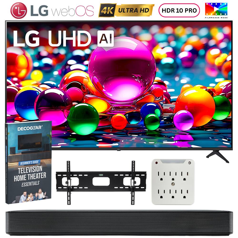 LG webOS 4K ULTRA HD  
LG UHD AI  
HDR 10 PRO  
FILMMAKER MODE  

DECOCGEAR  
BEGINNER'S GUIDE  
TELEVISION HOME THEATER ESSENTIALS
