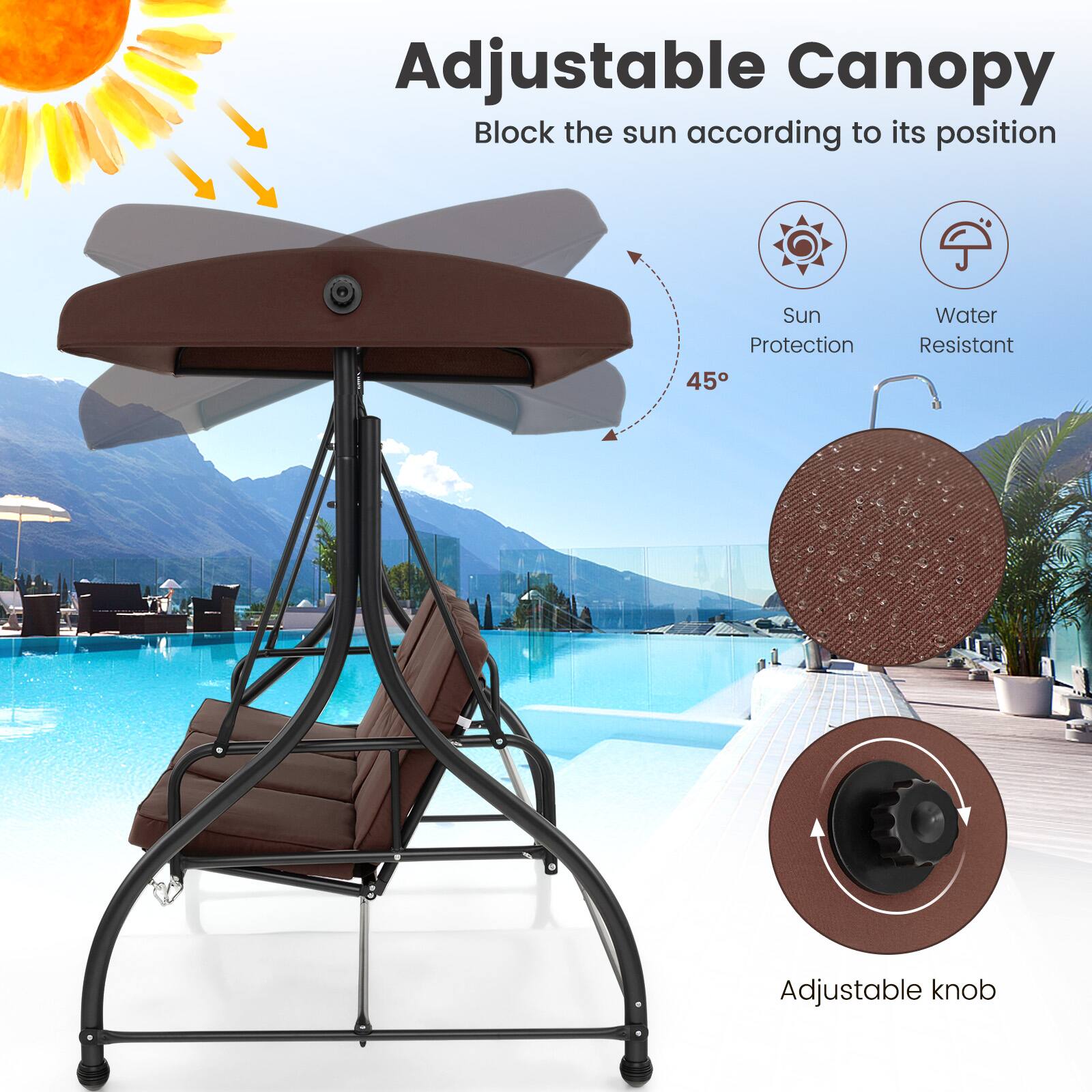 Adjustable Canopy, Block the sun according to its position, Sun Protection, Water Resistant, Adjustable knob