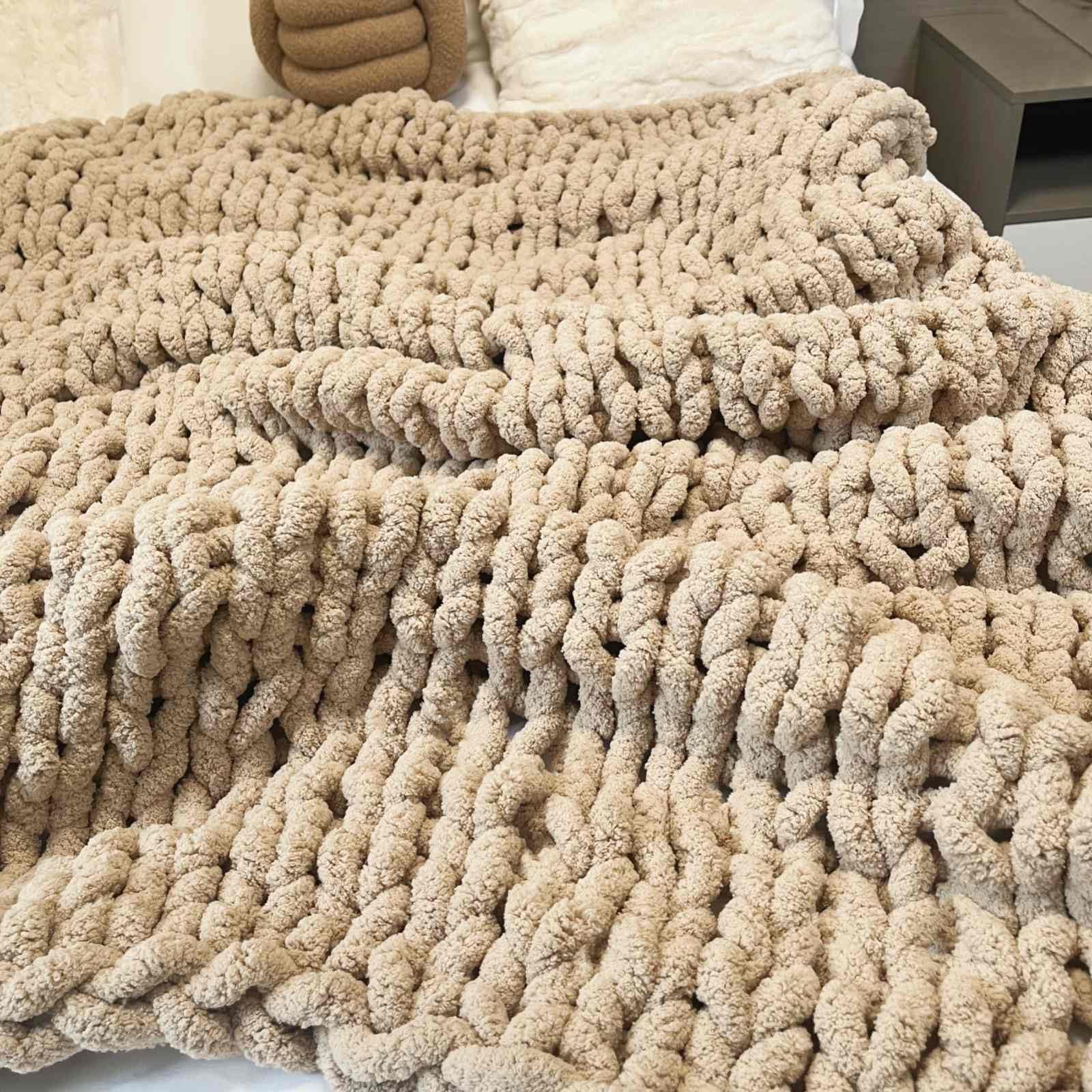 Alt View 2. Dapper Styles - Chunky Knit Blanket Throw 40 x60 Chenille Blankets Handmade Warm Cozy Couch Bed Home Decor Soft Breathable - Tan-40"x40"(Small Size Throw）.
