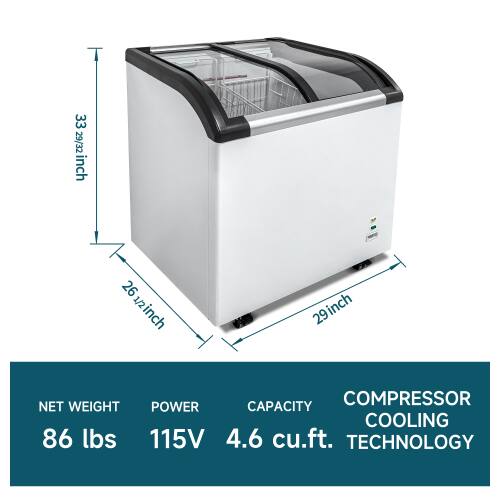 33 29/32 inch  
26 1/2 inch  
29 inch  
COMPRESSOR  
NET WEIGHT: 86 lbs  
POWER: 115V  
CAPACITY: 4.6 cu.ft.  
COOLING TECHNOLOGY