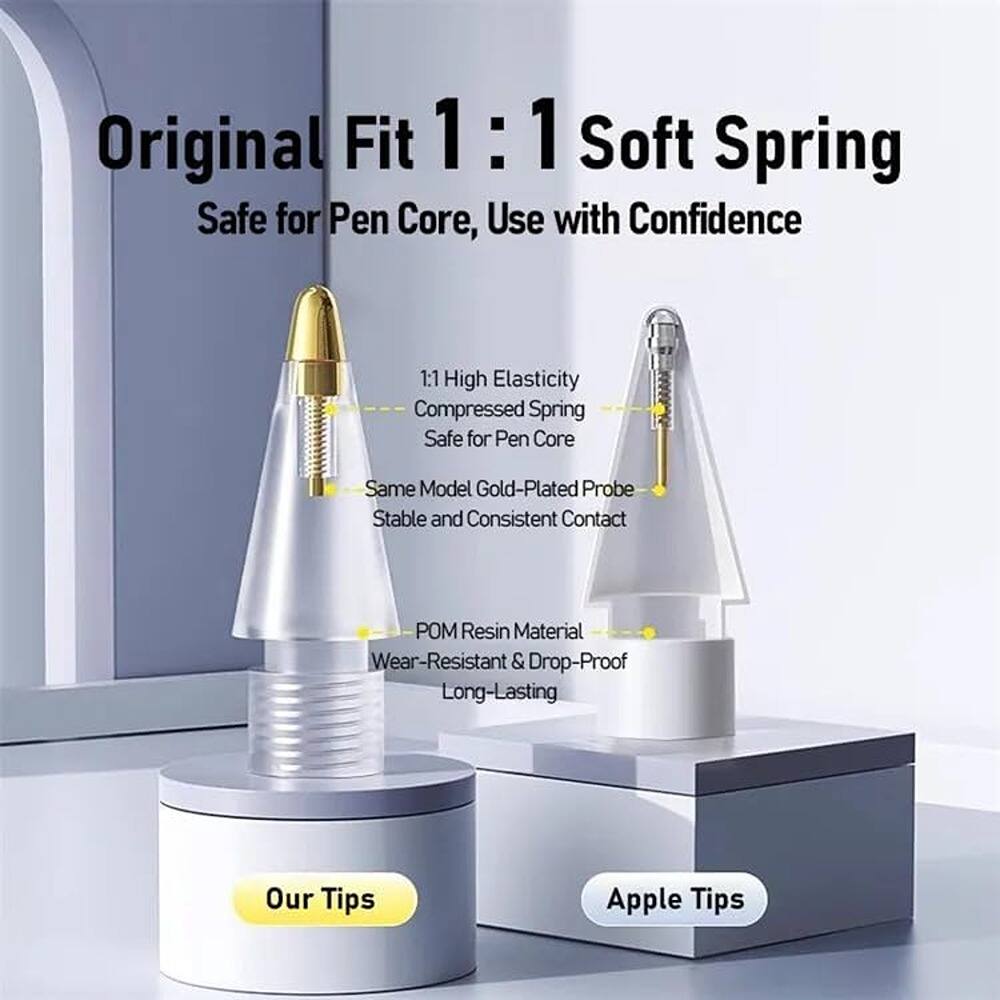 Original Fit 1:1 Soft Spring  
Safe for Pen Core, Use with Confidence  

1:1 High Elasticity  
Compressed Spring  
Safe for Pen Core  

Same Model Gold-Plated Probe  
Stable and Consistent Contact  

POM Resin Material  
Wear-Resistant & Drop-Proof  
Long-Lasting  

Our Tips  
Apple Tips