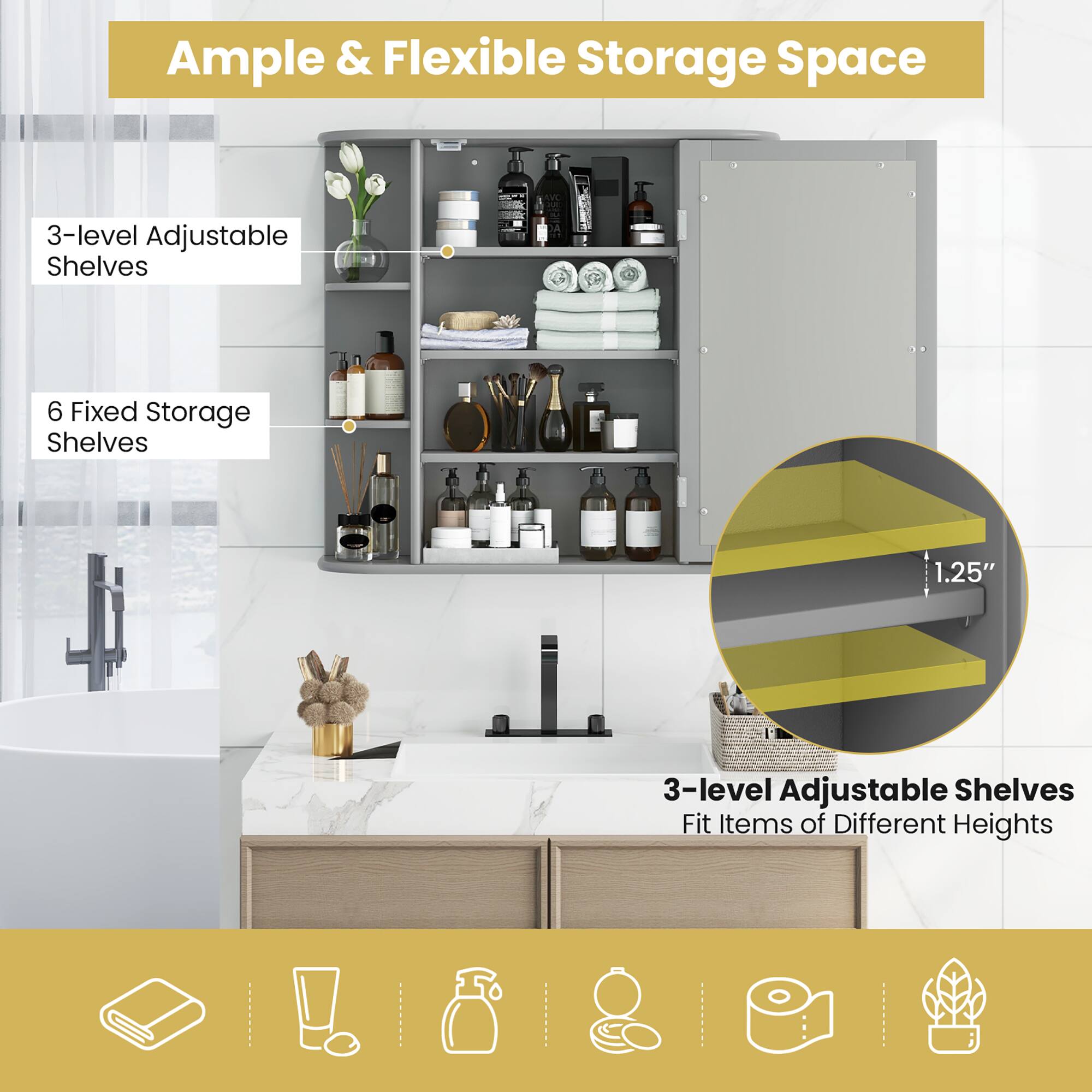 Ample & Flexible Storage Space

3-level Adjustable Shelves

6 Fixed Storage Shelves

3-level Adjustable Shelves
Fit Items of Different Heights

1.25"