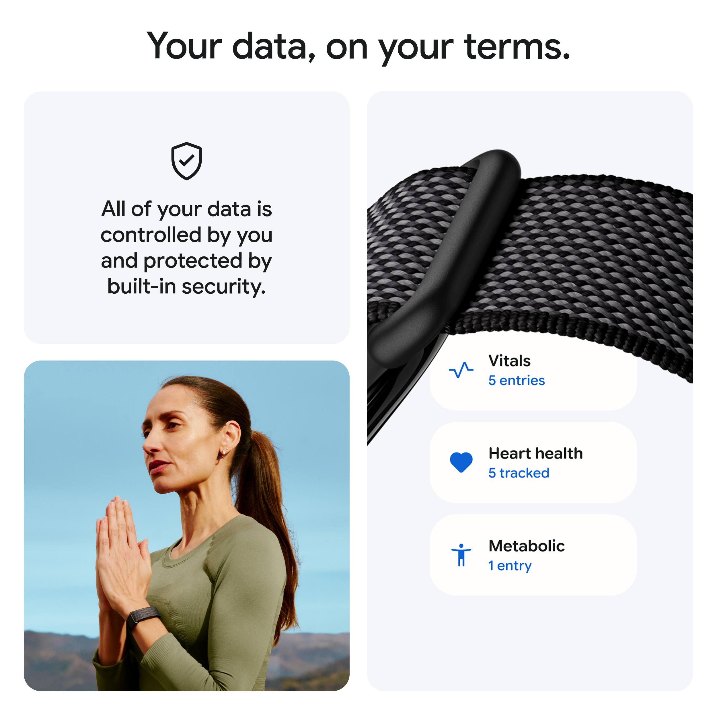 Your data, on your terms.  
All of your data is controlled by you and protected by built-in security.  
Vitals 5 entries  
Heart health 5 tracked  
Metabolic 1 entry
