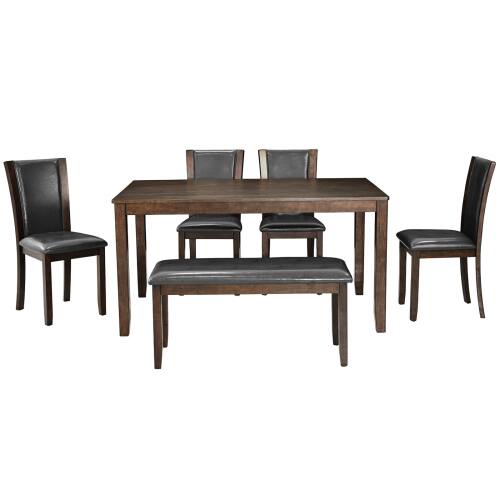 Alt View 3. LUCKY ONE - 6-Piece Farmhouse Dining Set with 58.5" Rectangular Dining Table, Bench and 4 Upholstered Chairs - Dark Walnut.