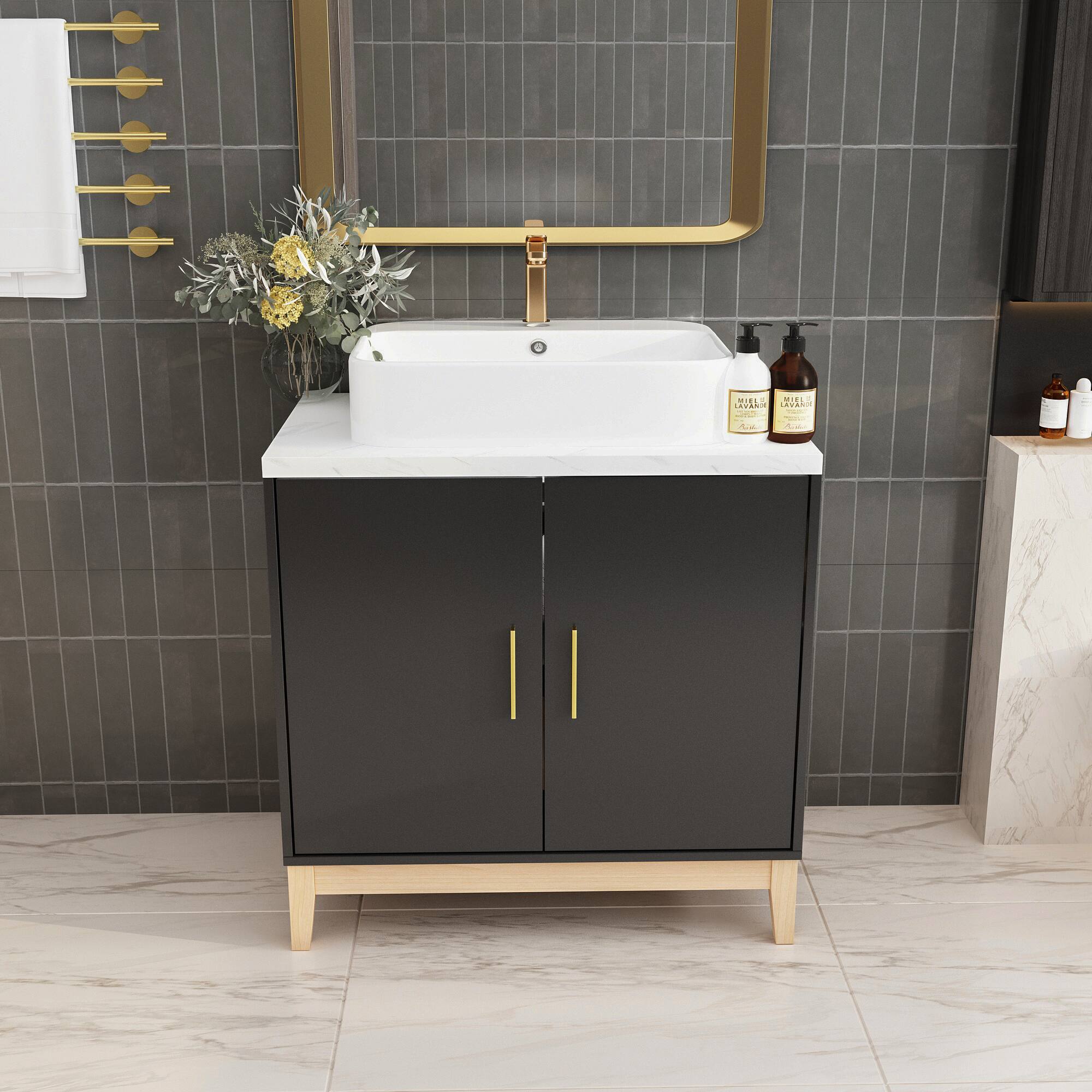 Front. Famapy - Luxury Bathroom Vanity with Ceramic Sink, Modern Storage Cabinet with Countertop and Organizer Space - White & Black.