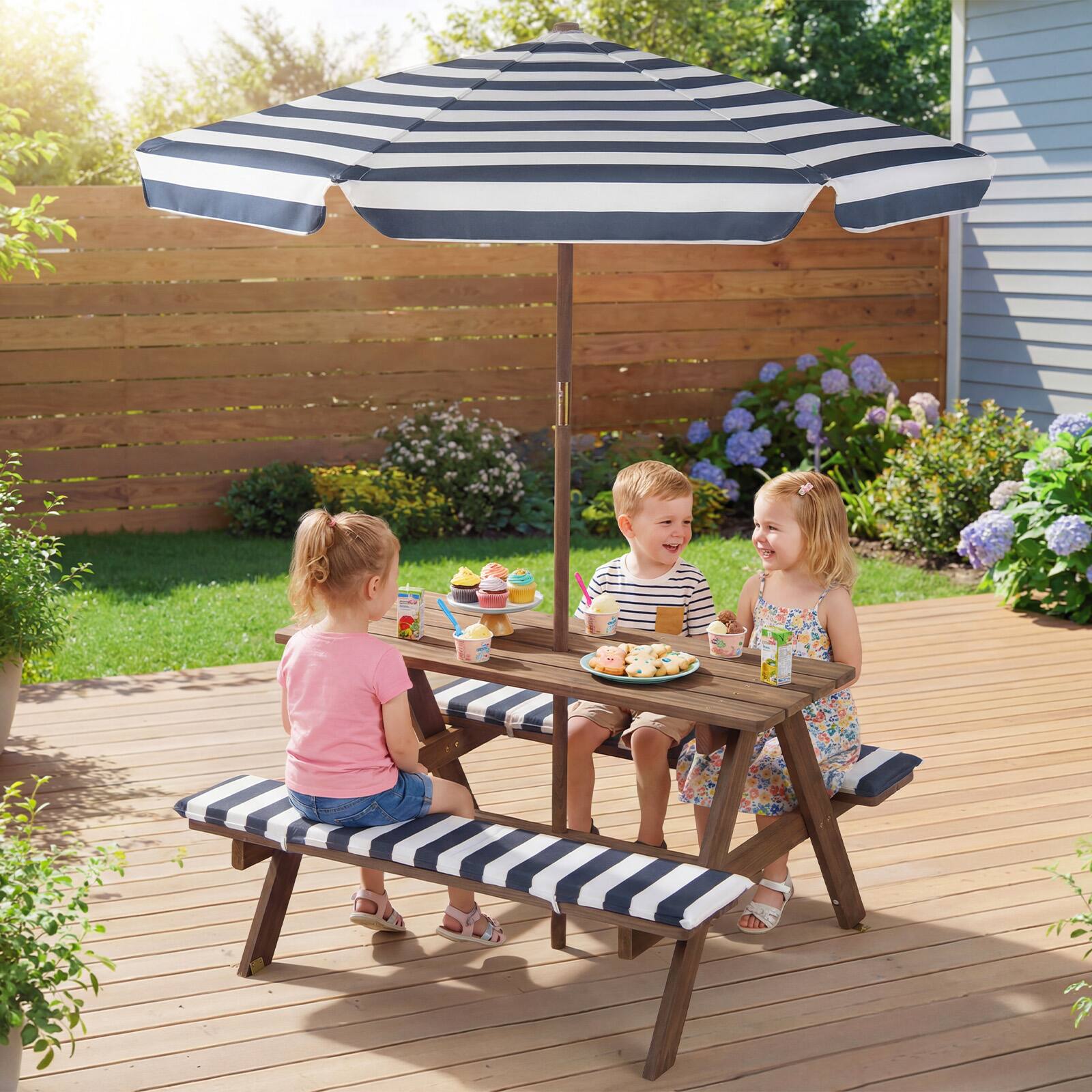 Alt View 3. Gymax - Gymax Kids Picnic Table w/Bench Seat Cushions Removable & Adjustable Umbrella for Yard Navy - Blue.