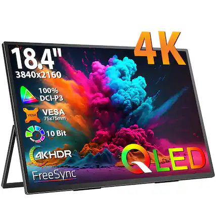 18.4" 3840x2160
4K
100% DCI-P3
VESA 75x75mm
10 Bit
4KHDR
FreeSync
QLED