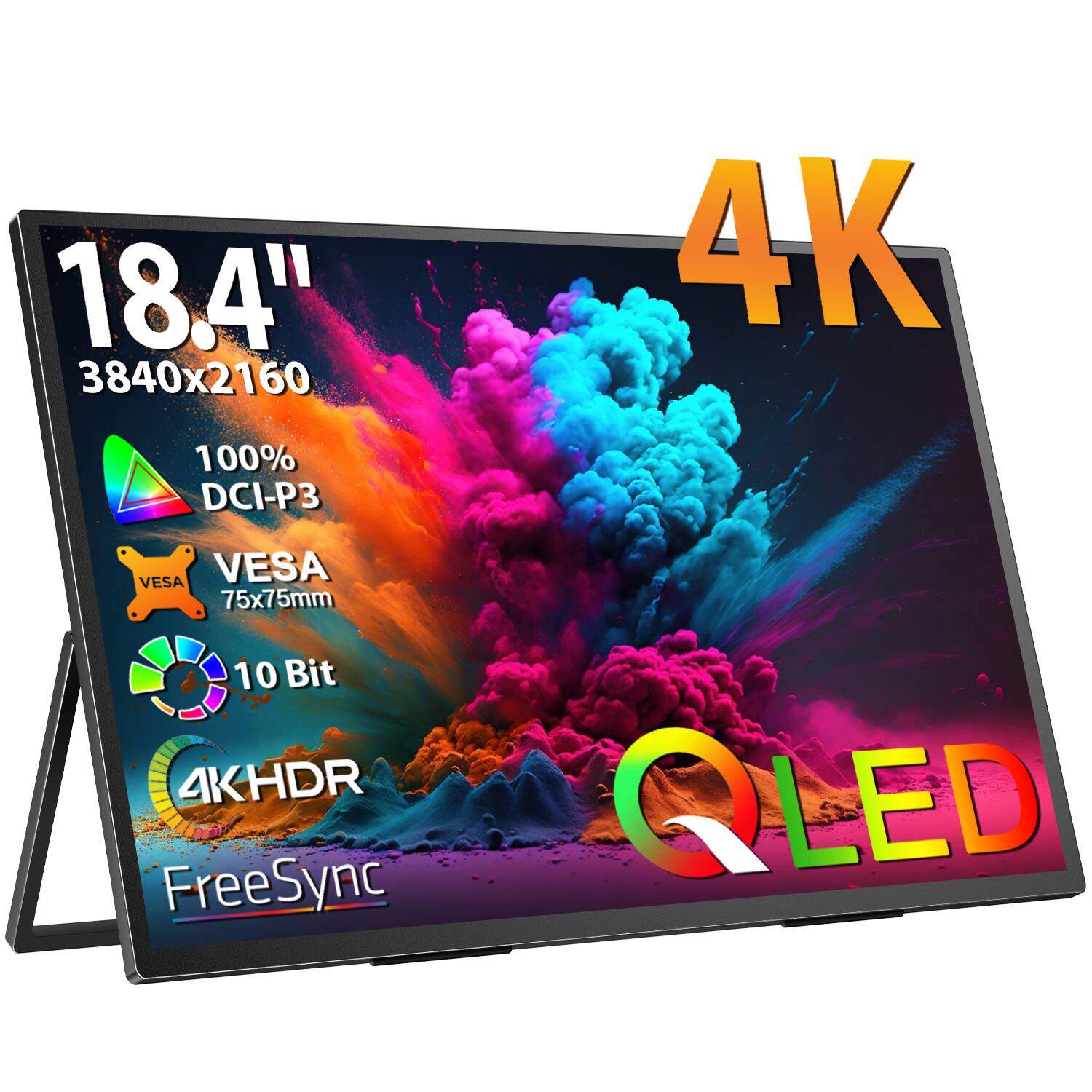 18.4" 3840x2160  
4K  
100% DCI-P3  
VESA 75x75mm  
10 Bit  
4KHDR  
FreeSync  
QLED