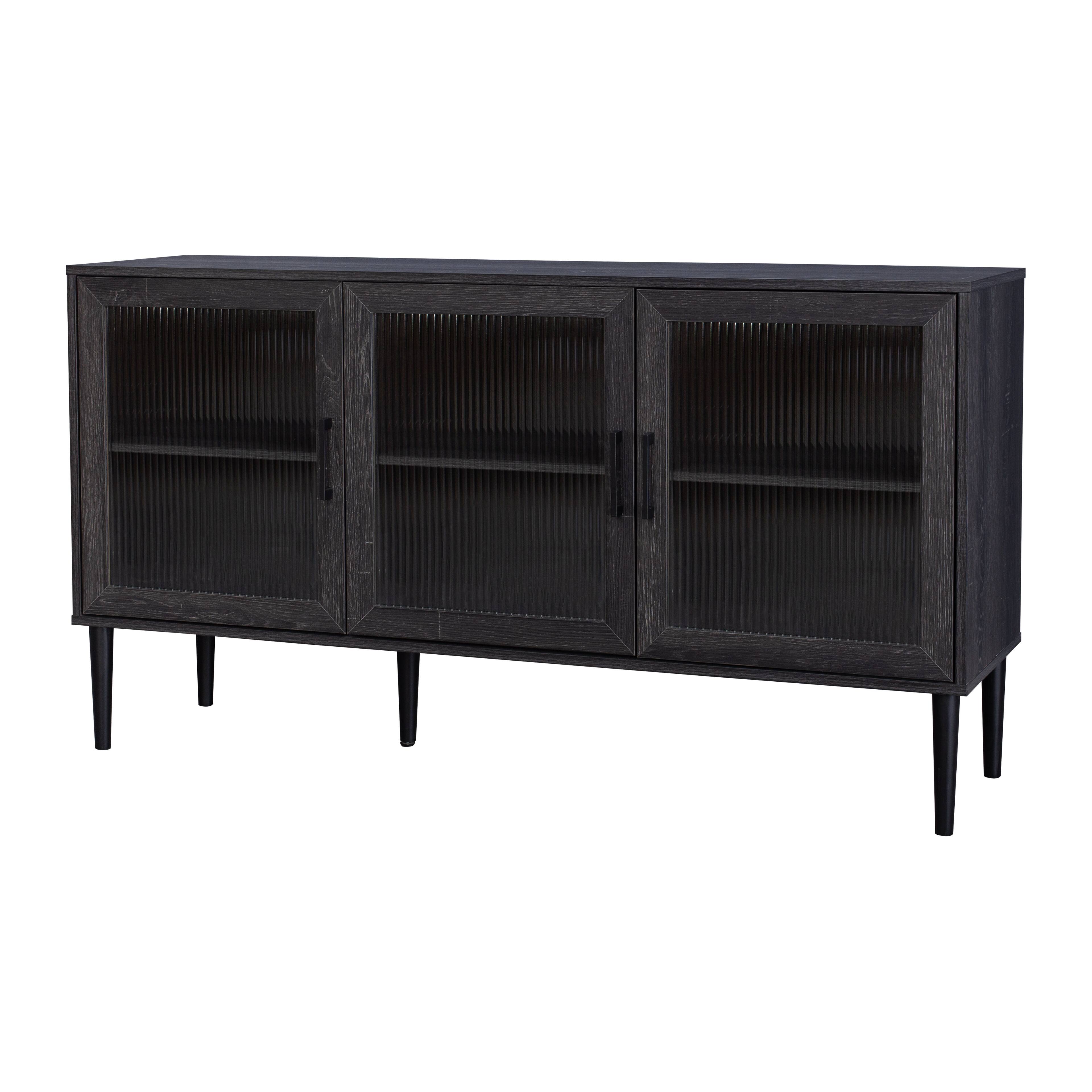 Back. CorLiving - CorLiving Ethan Engineered Wood Sideboard with 3 Fluted Glass Doors and 4 Internal Shelves - Distressed Dark Grey.