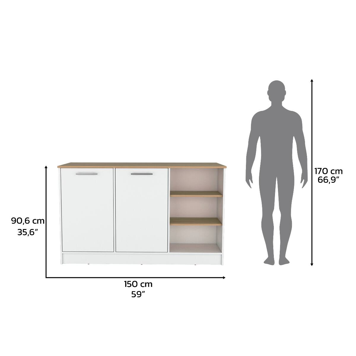 170 cm 66,9"  
90,6 cm 35,6"  
150 cm 59"