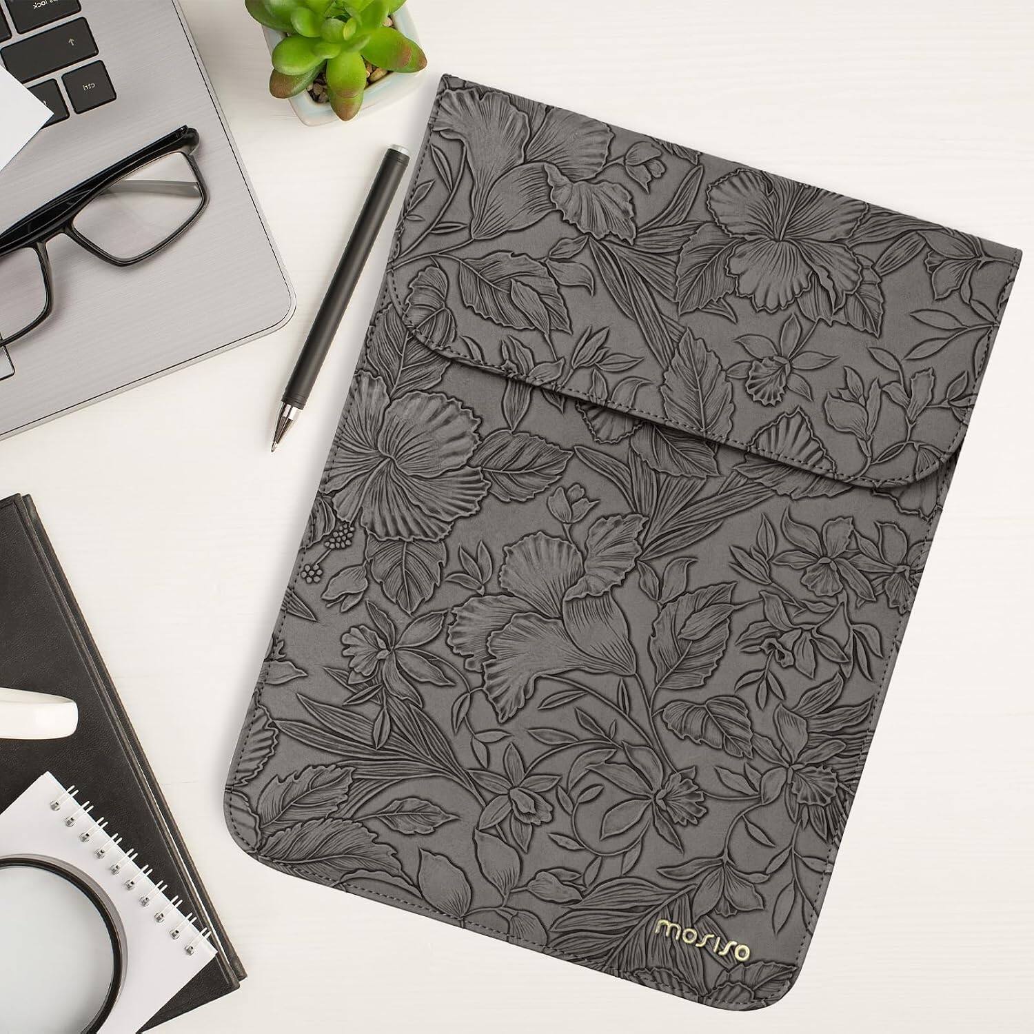Alt View 3. mosiso - Embossed Hibiscus PU Leather Laptop Sleeve 13 Inch with Accessory Pouch for MacBook Neo 13/Air Pro 13 14 M5 M4 M3 M2 M1 - Gray.