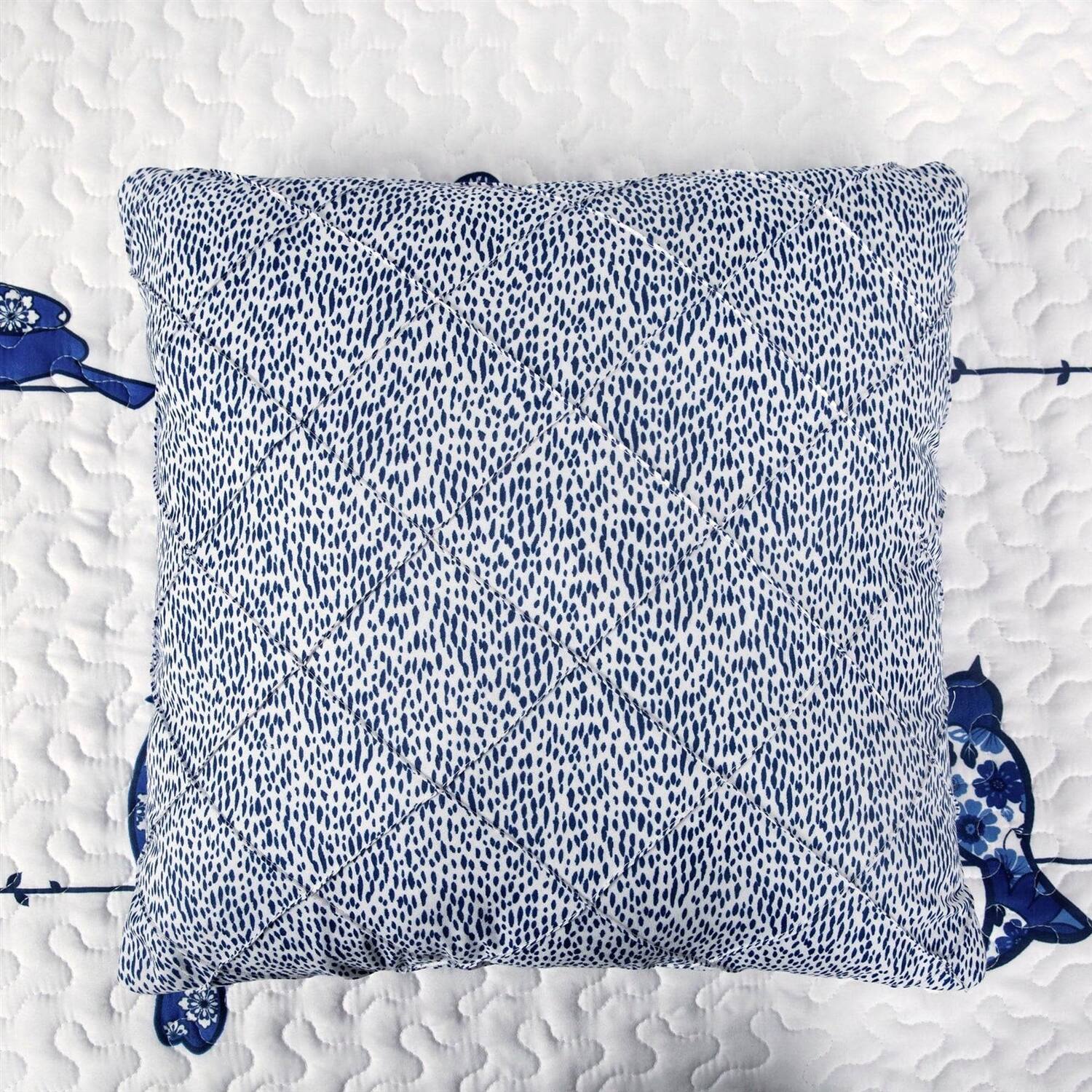 Alt View 1. Hivvago - Full/Queen Blue White Navy Floral Birds On Wire Lightweight 7 Piece Quilt Set - Blue White Navy.