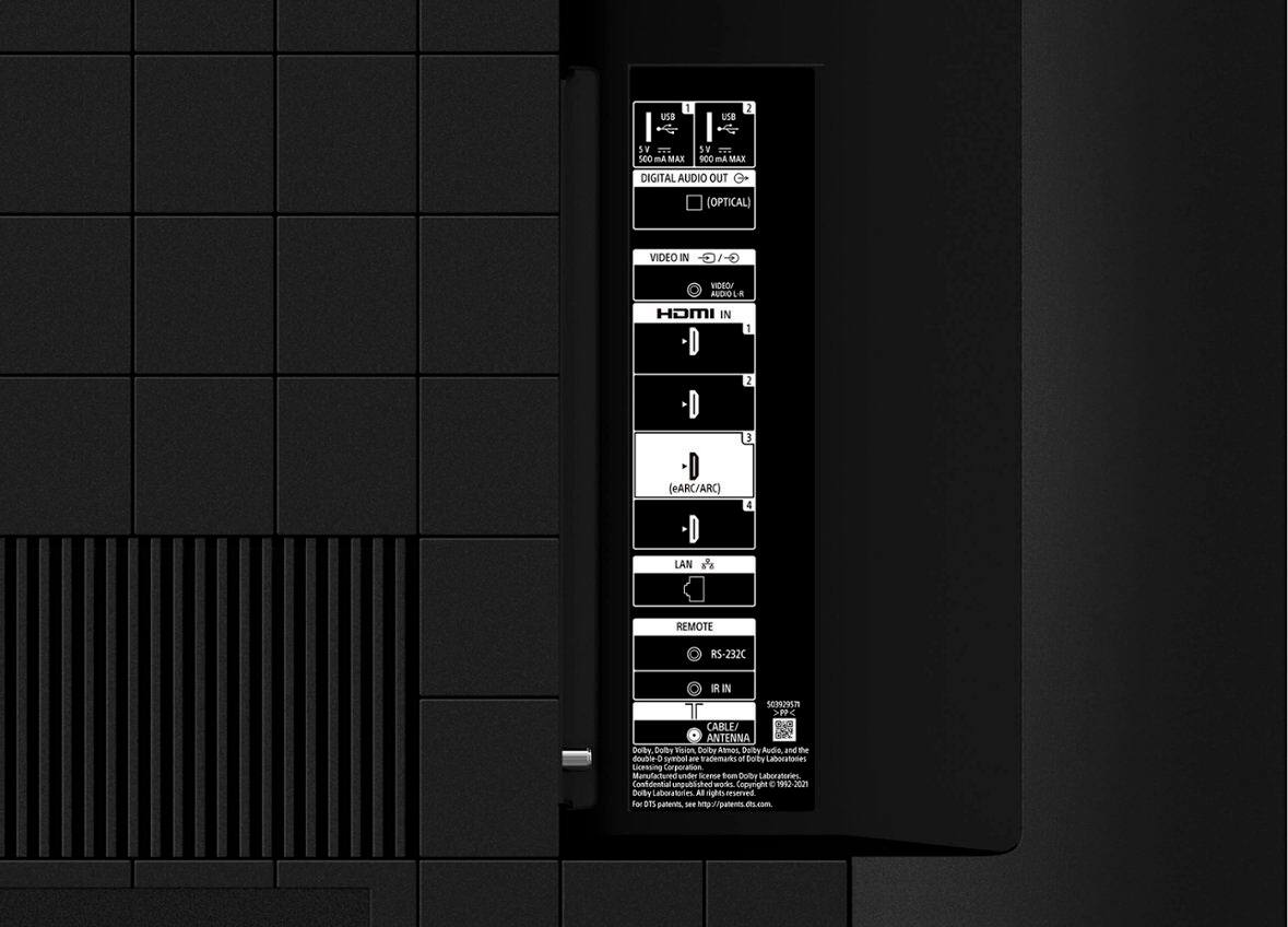 The text on the image reads:

"ua 1 u 2 sv 100 mA max sv e 9V max digital audio out (optical) video in -i- video out -d 1 -d -d (earc/arc) :d lan 2 3 4 remote rr in nothing_transcribe t  cable antenna dolby digital and the dolby audio logo are trademarks of dolby laboratories licensed under dolby laboratories' copyright and patent rights. all rights reserved. for more information see <http://www.dolby.com>"