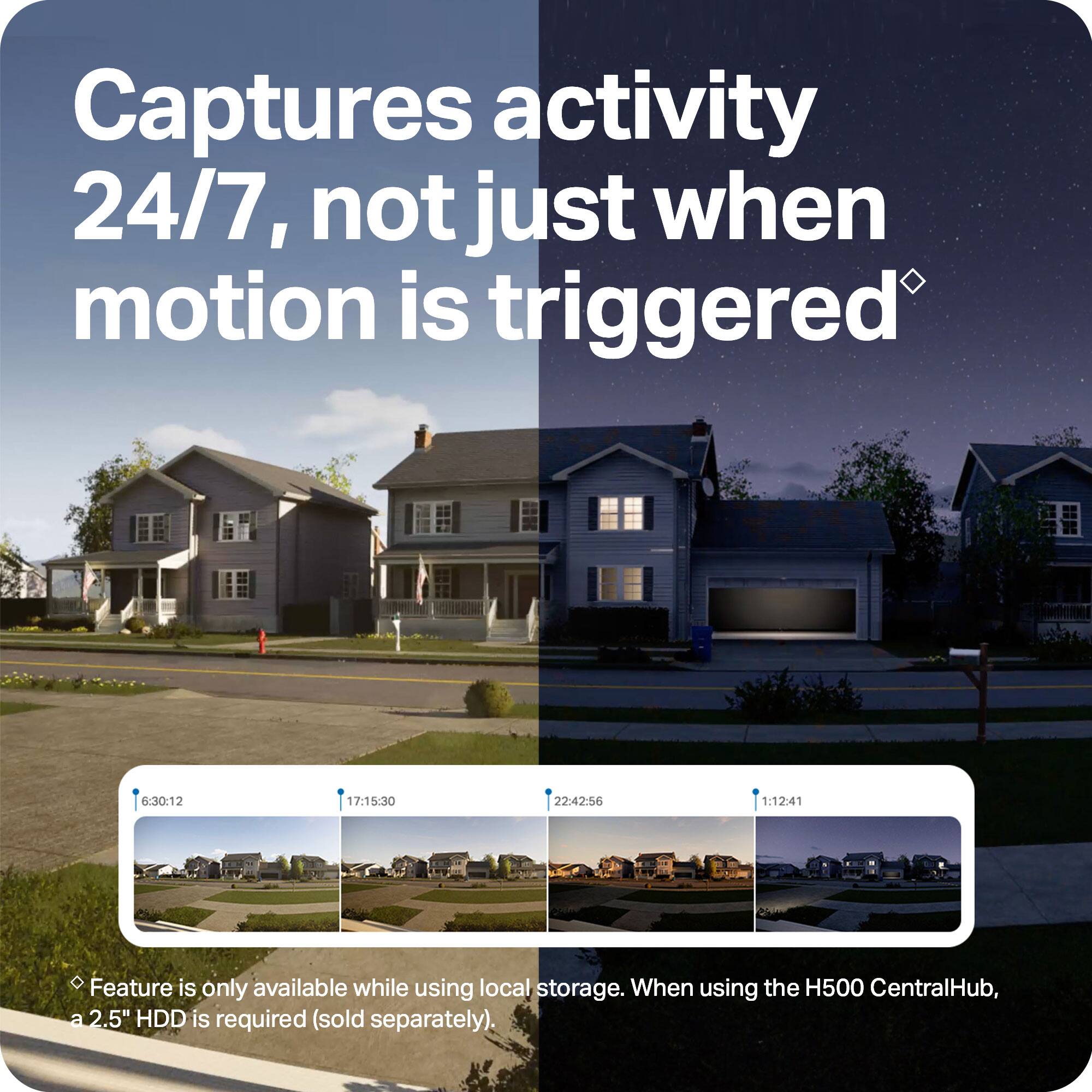 Captures activity 24/7, not just when motion is triggered

6:30:12
17:15:30
22:42:56
1:12:41

Feature is only available while using local storage. When using the H500 CentralHub, a 2.5" HDD is required (sold separately).