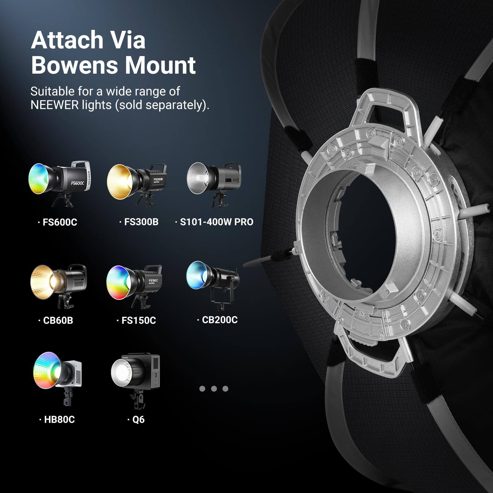 Attach Via Bowens Mount  
Suitable for a wide range of NEEWER lights (sold separately).  
- FS600C  
- FS300B  
- S101-400W PRO  
- CB60B  
- FS150C  
- CB200C  
- HB80C  
- Q6