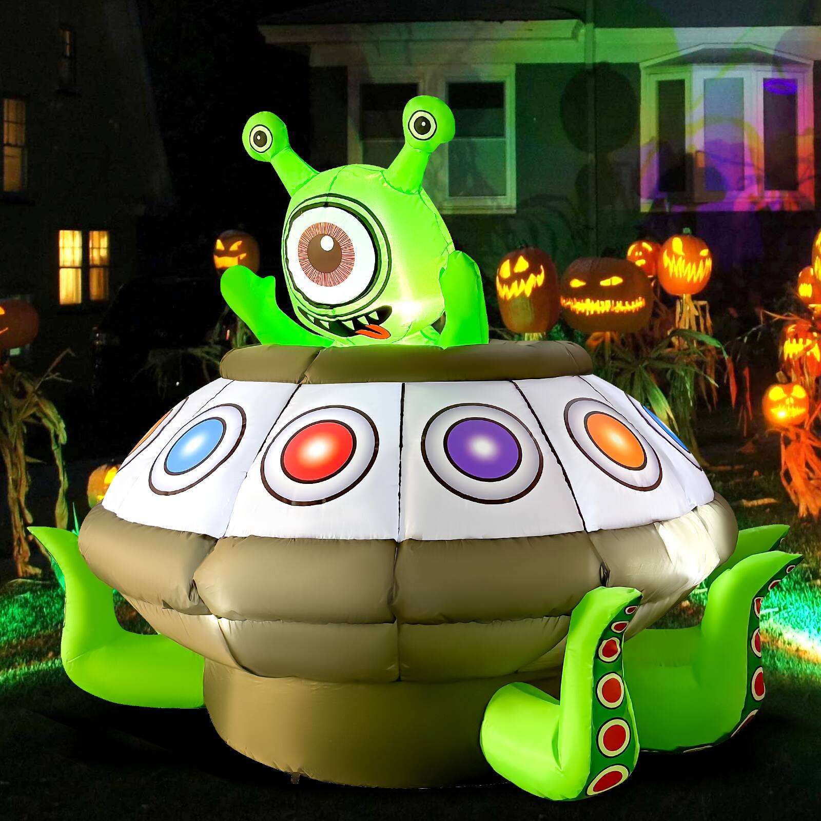 Angle. GOOSH Inflatables - GOOSH 5.2FT Animated Inflatable Alien in UFO – Light-Up Halloween Yard Decoration - Green.