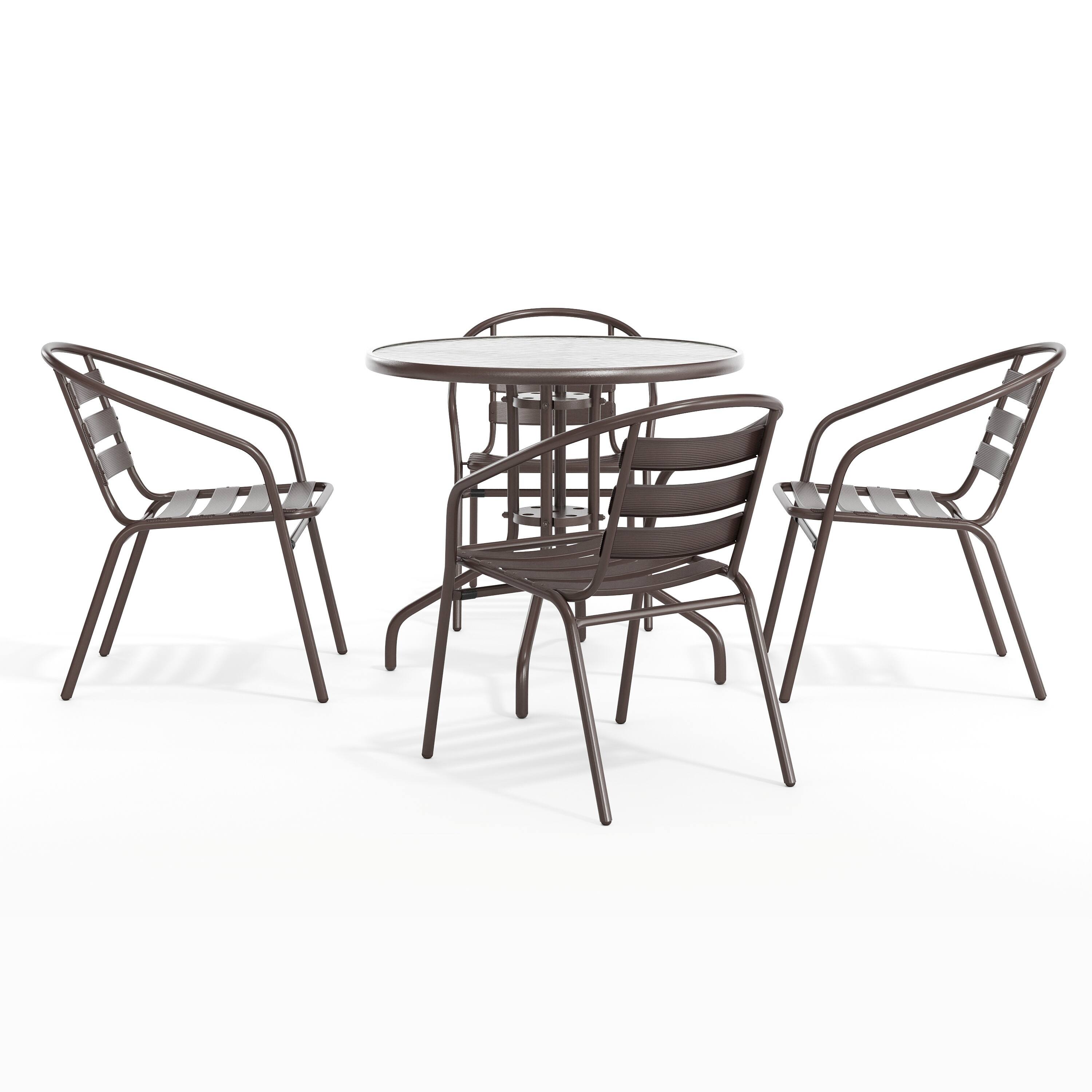 Angle. Flash Furniture - Lila 31.5'' Round Glass Top Metal Table with 4 Bronze Aluminum Slat Stack Chairs - Brown.