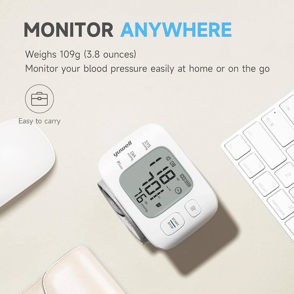 MONITOR ANYWHERE

Weighs 109g (3.8 ounces)

Monitor your blood pressure easily at home or on the go

Easy to carry

yuwell

SYS mmHg DIA mmHg P/min

120 76

10:08

control

option

command

Z

fn

start

stop
