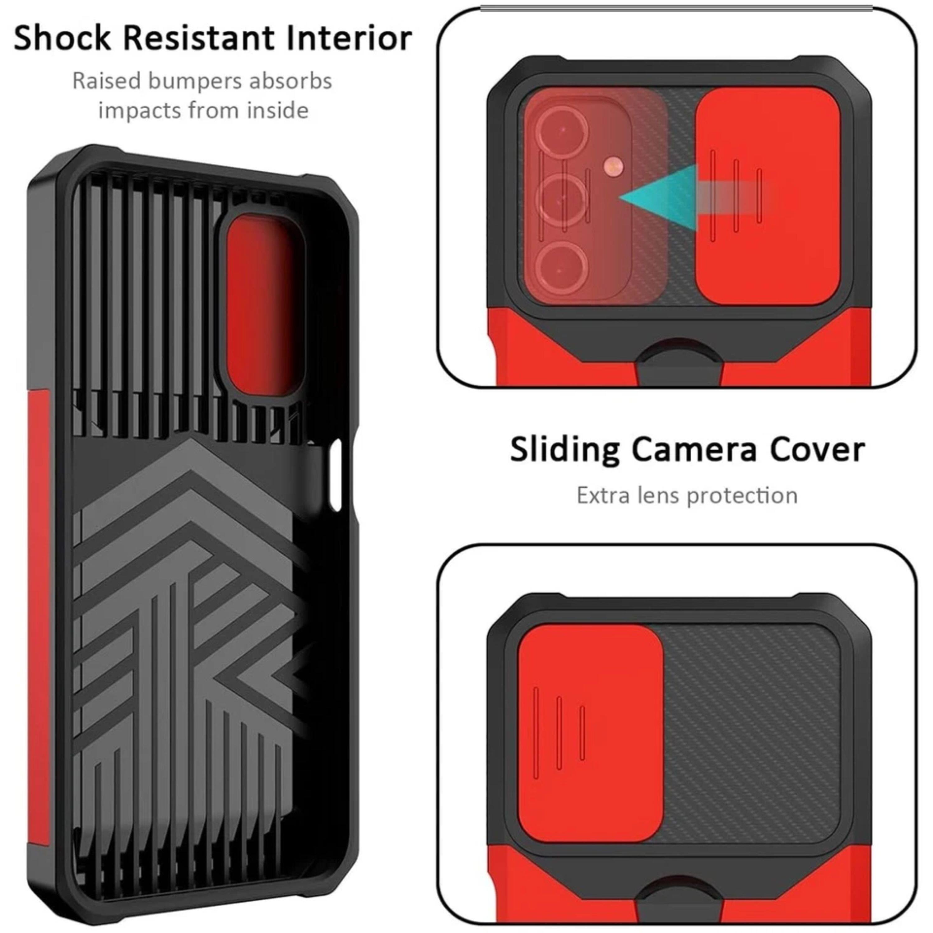 Shock Resistant Interior  
Raised bumpers absorbs impacts from inside  

Sliding Camera Cover  
Extra lens protection