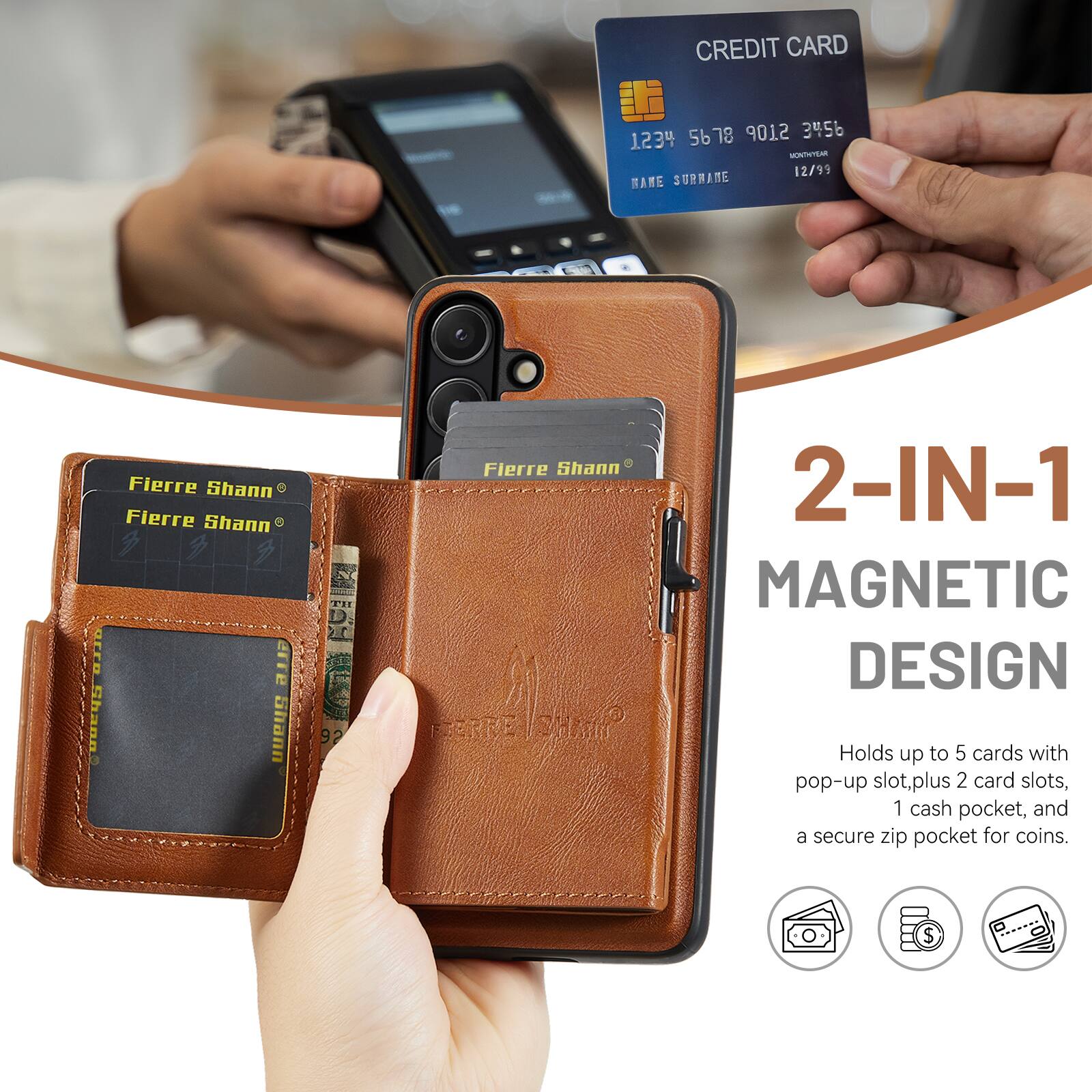 CREDIT CARD 5678 9012 3456 1234  
12/99  
BAME SURMATE  
Fierre Shann  
Fierre Shann  

2-IN-1 MAGNETIC DESIGN  
Holds up to 5 cards with pop-up slot, plus 2 card slots, 1 cash pocket, and a secure zip pocket for coins.