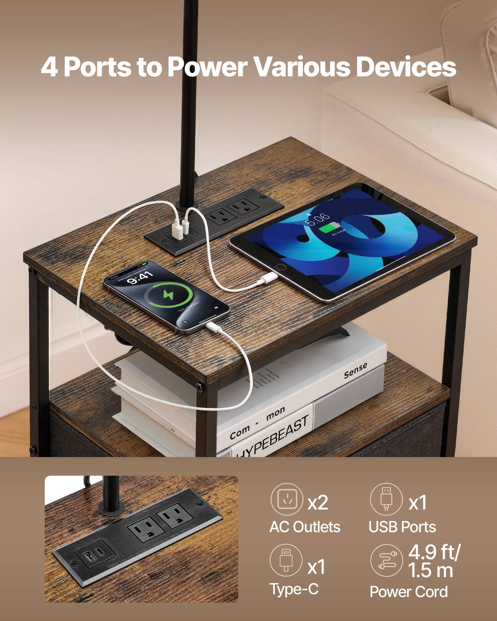 4 Ports to Power Various Devices

- 2 AC Outlets
- 1 USB Port
- 1 Type-C
- 4.9 ft/1.5 m Power Cord