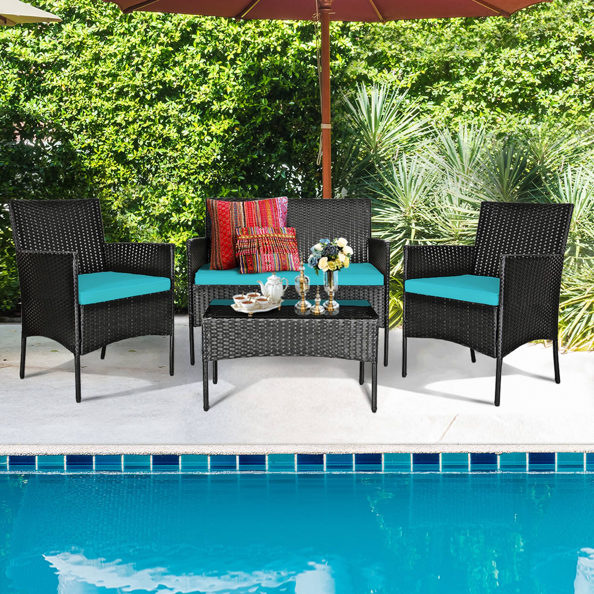 Alt View 4. Gymax - Gymax 8PCS Outdoor Furniture Set Patio Rattan Conversation Set w/ Turquoise Cushion - Turquoise.
