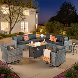 Ovios - 11 PCS Outdoor Patio Furniture Sectional Sofa with Swivel Chairs, Coffee Table & 42" Fire Pit Table - Black