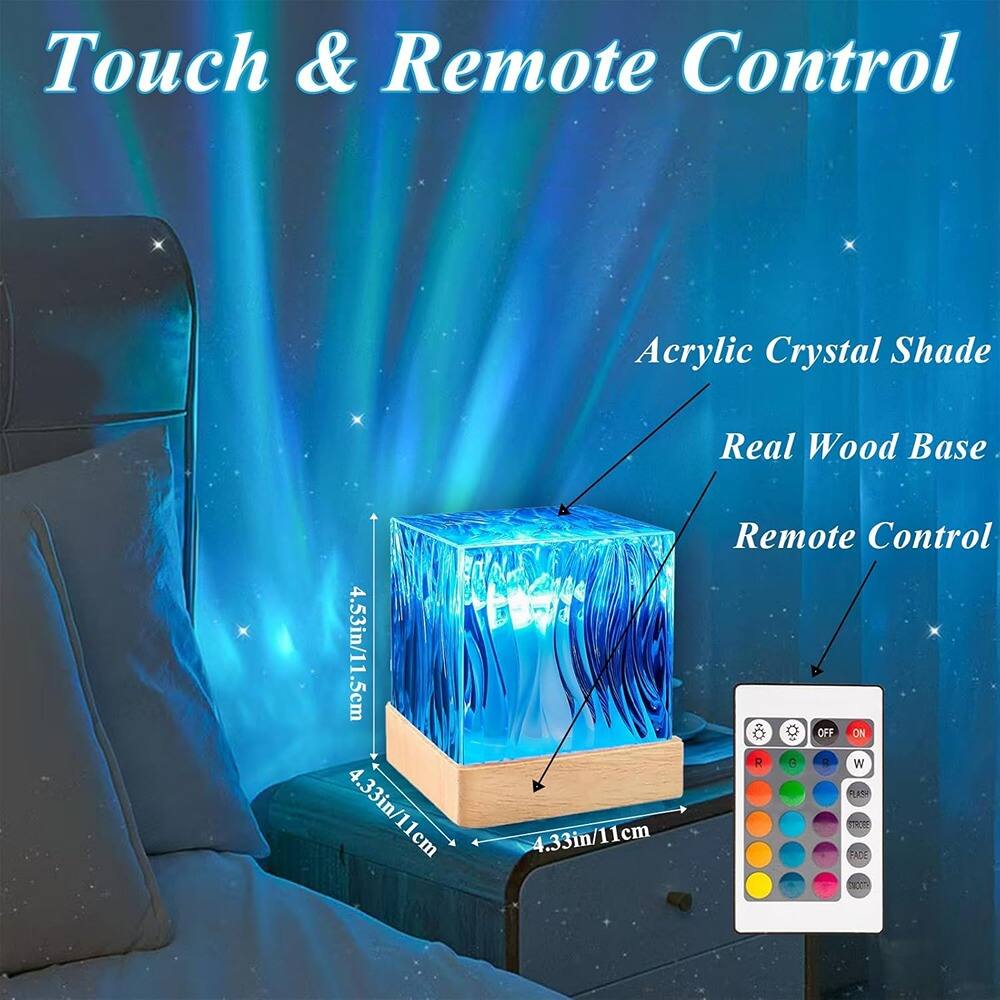 Touch & Remote Control  
Acrylic Crystal Shade  
Real Wood Base  
Remote Control  

Dimensions:  
- 4.53in/11.5cm  
- 4.33in/11cm  
- 4.33in/11cm  
- 1cm  

Remote Control Features:  
- OFF  
- ON  
- R  
- G  
- B  
- W  
- FLASH  
- ADJUST  
- FACE  
- TECC